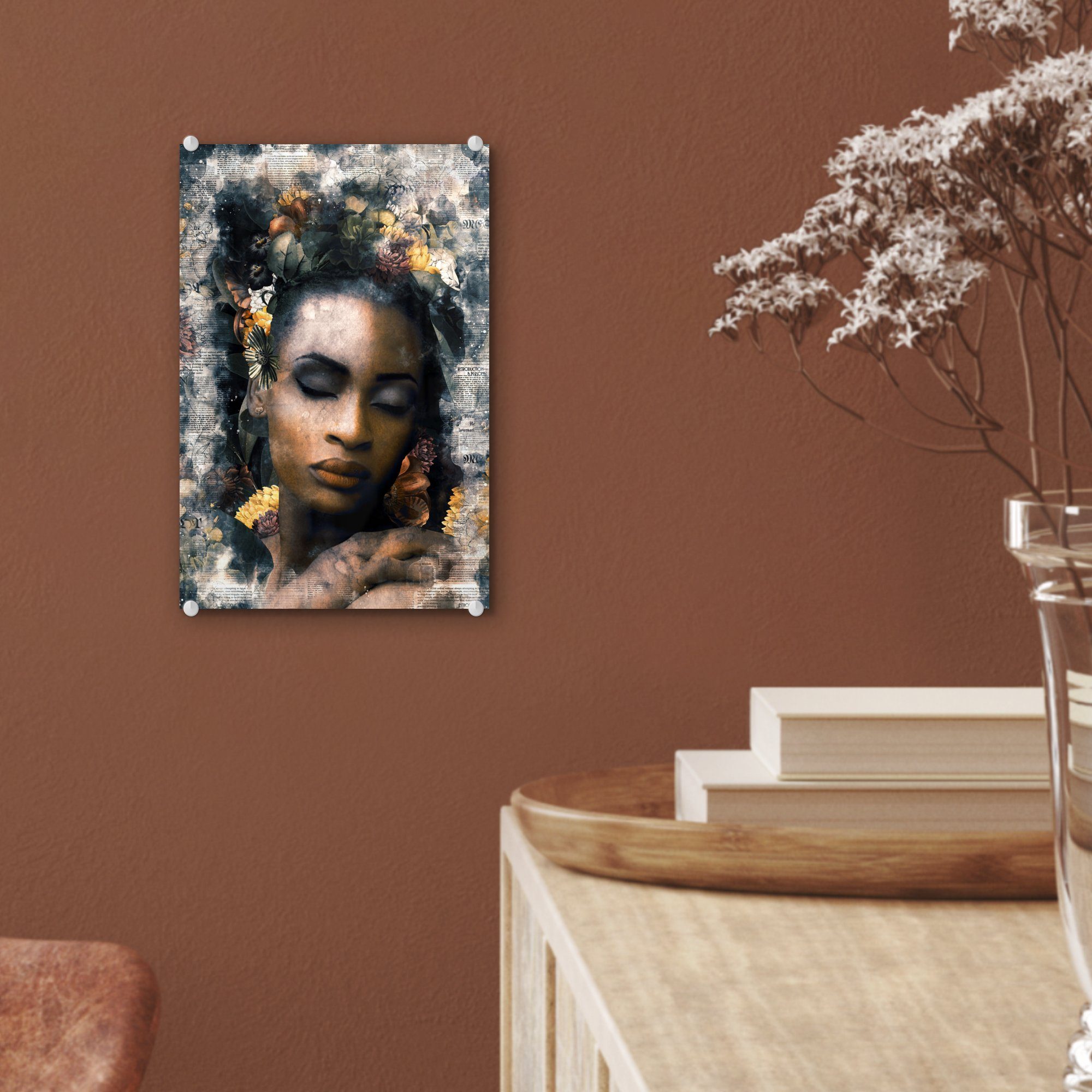 Wandbild Blumen, Bilder auf Glasbilder - Foto Wanddekoration auf - Acrylglasbild St), MuchoWow (1 - Glas Rauch Glas Frau - -