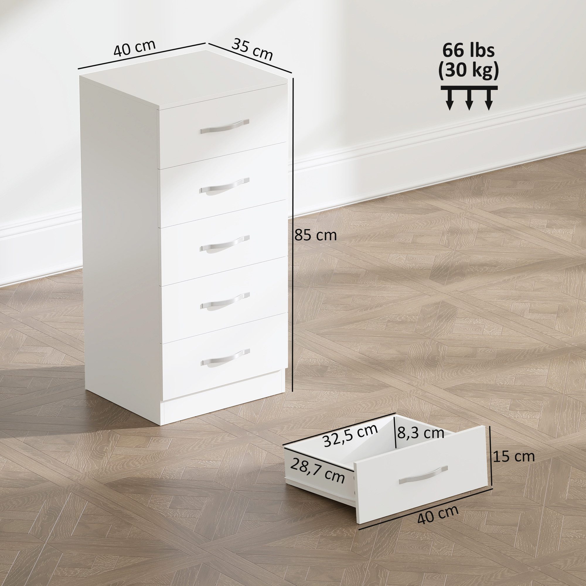 HOMCOM Kommode mit 5 Schubladen, für Kleidung und Utensilien (Schubladenschrank, 1 St., Sideboard), für Wohnzimmer, Schlafzimmer, Weiß