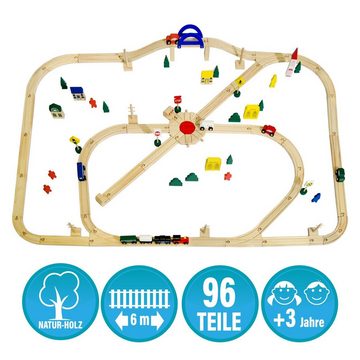 eyepower Spielzeug-Eisenbahn 96 Teile XXL Holzeisenbahn Set 6m Schienen Holz, Holz Eisenbahn Kinder Spielzeug