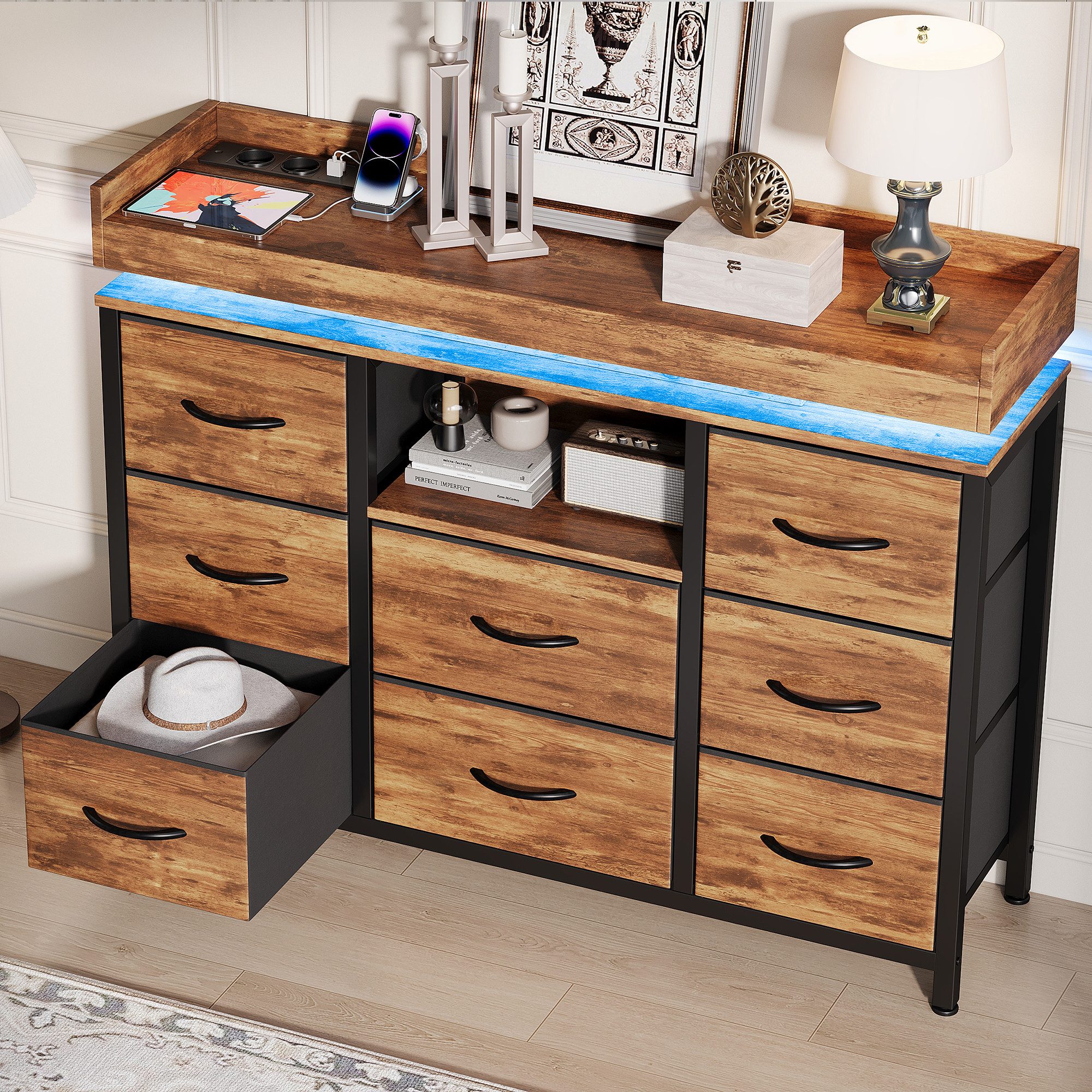 FUROKOY TV-Schrank Kommode mit 8 Schubladen aus Stoff (Fernsehschrank Sideboard Metallgestell, Industrie-Design) für Schlafzimmer Wohnzimmer Flur, 108 x 30 x 82 – Bild 4 von 5