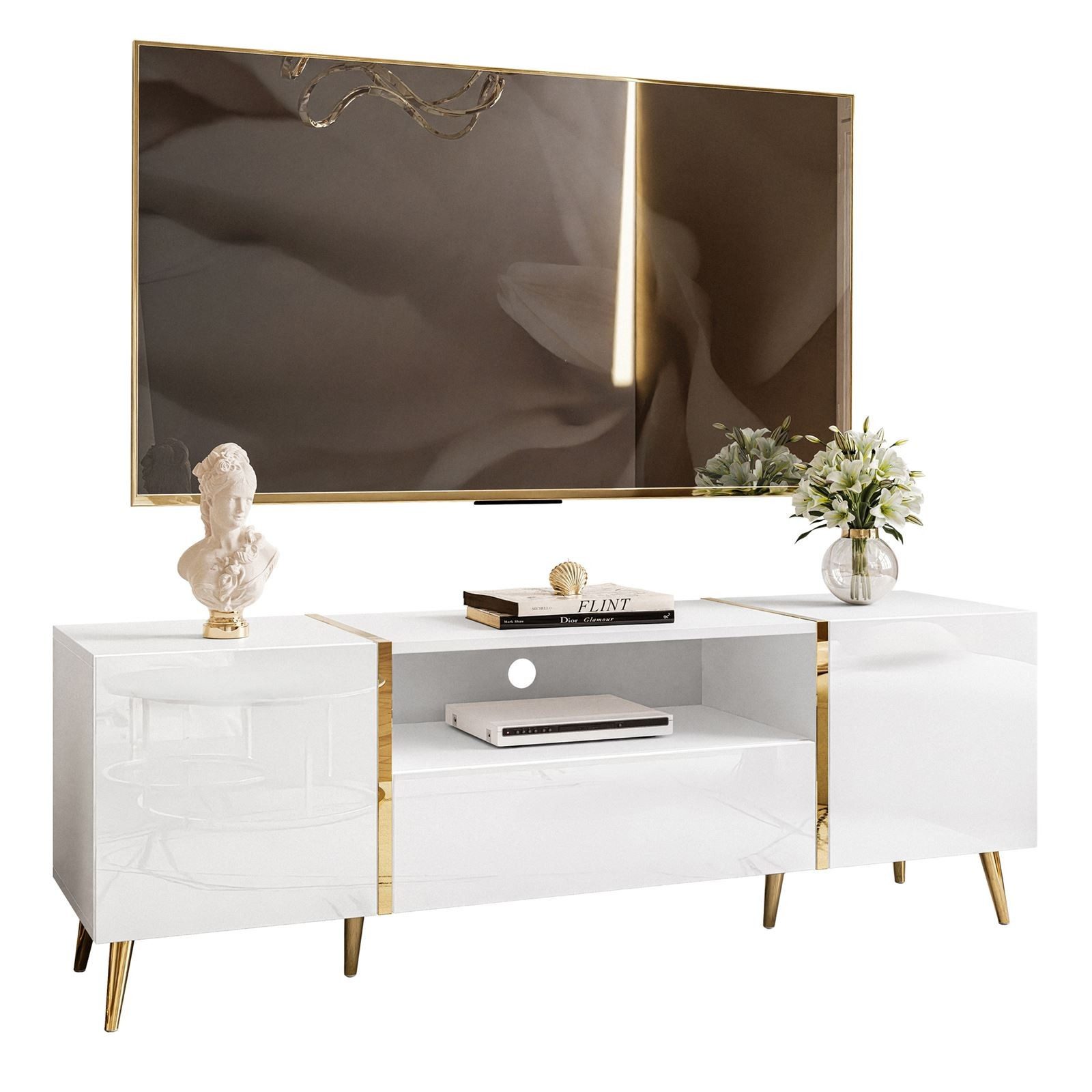 ALLHOUSE24 TV-Schrank DIAMANT GOLD Metall Beine Lowboard TV-Unterschrank BERLIN (1x TV Schrank) Breite 158 cm
