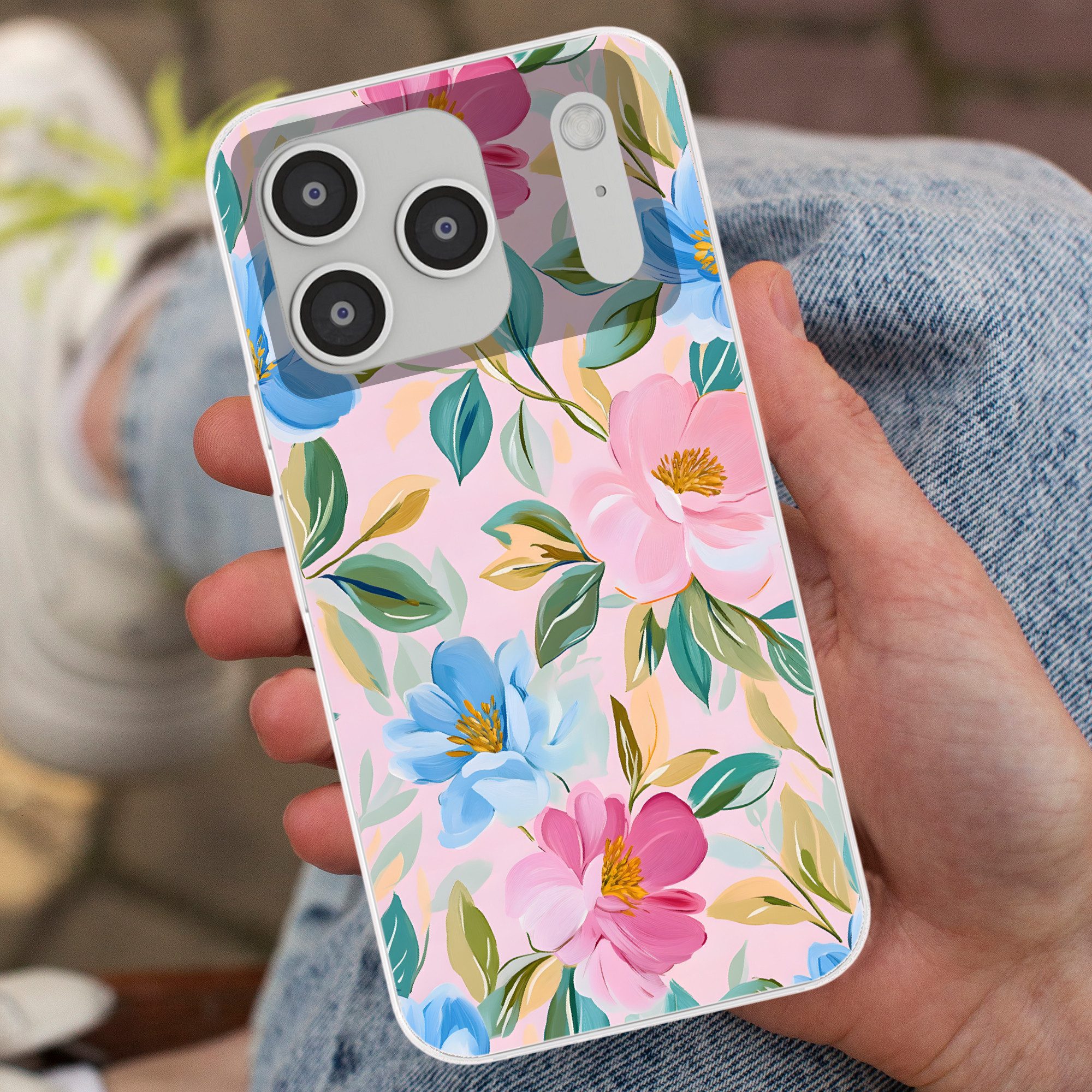 MuchoWow Handyhülle für Apple iPhone 17 Pro Blau - Rosa - Blumen, Smartphone-Bumper, Print, Handy Schutzhülle Dünn