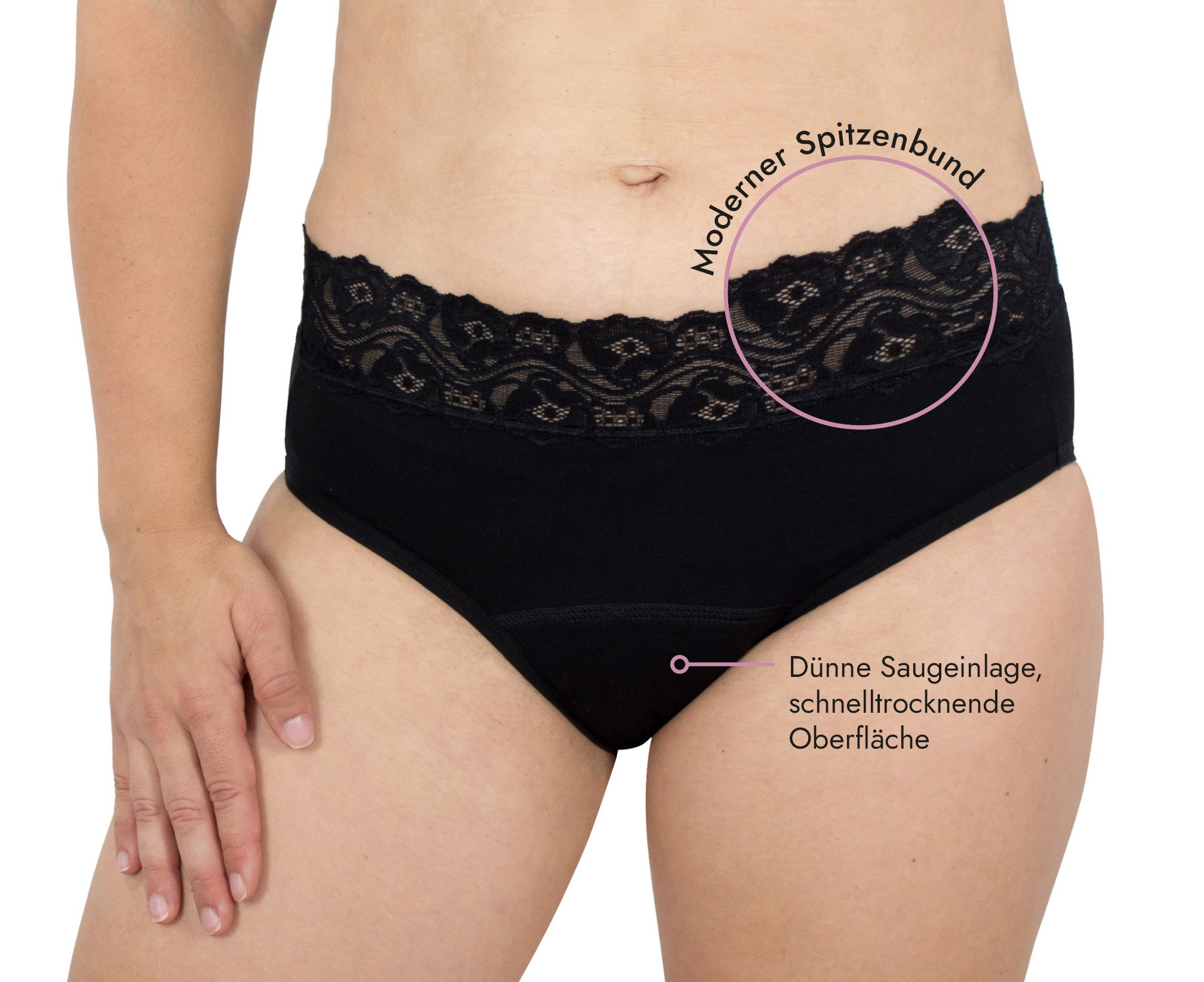 Hydas Inkontinenzslip mit elegantem Spitzenbund und integrierter Saugeinlage, aus Baumwolle Schutz bei Blasenschwäche, während der Periode oder im Wochenbett