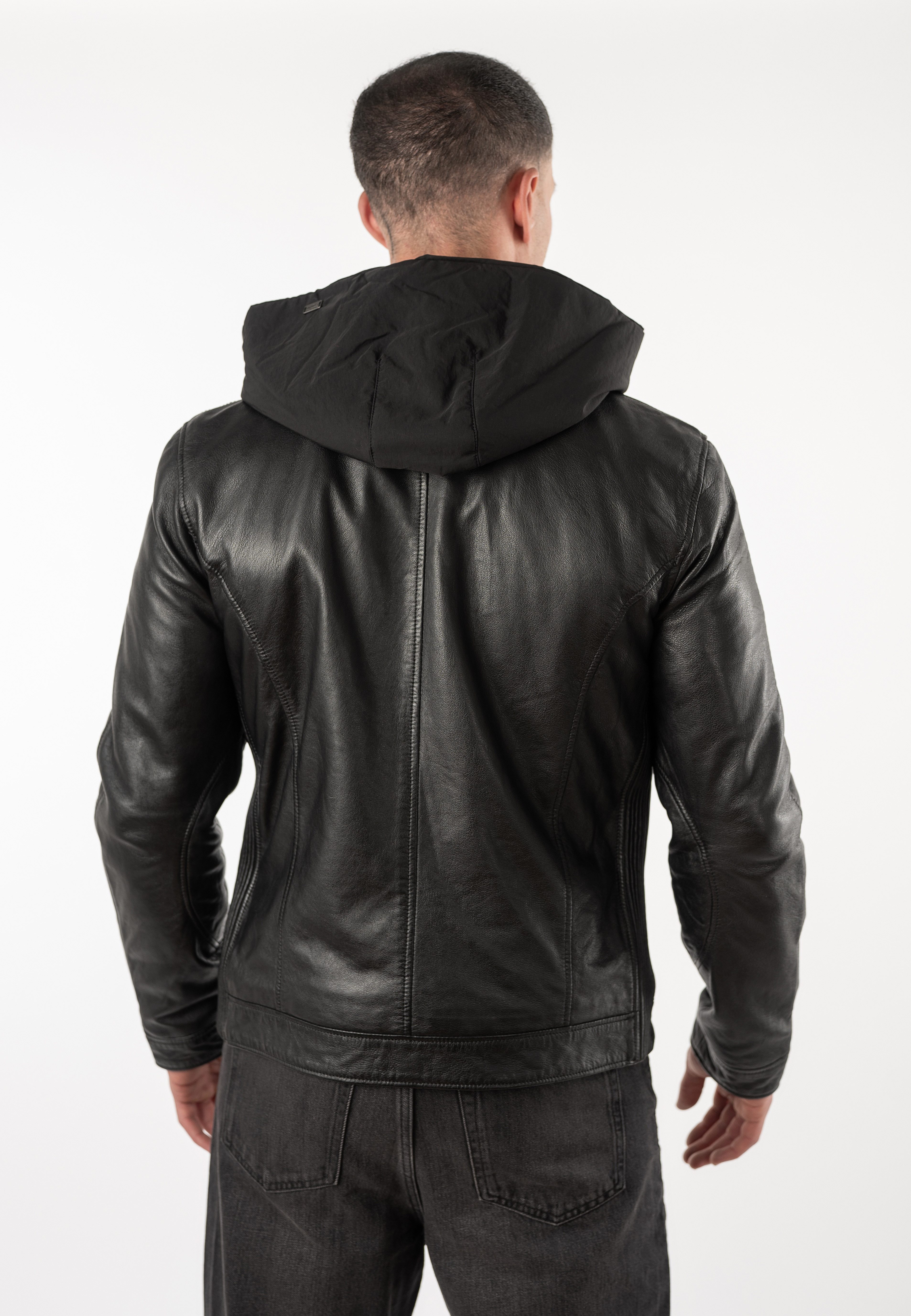 Mauritius Lederjacke MMHocki (mauritiusHerren26) im Biker-Stil mit Kapuze aus Nylon – Bild 4 von 5