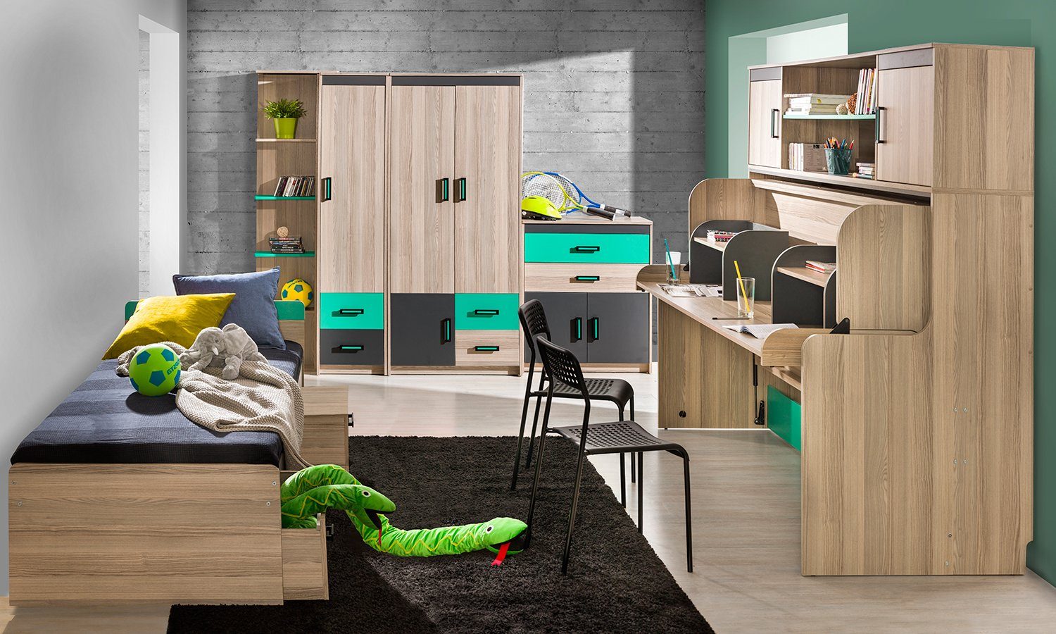 Jugendbett mit 90x200 Matratze Bett), Design, Esche Ulrike Anthrazit Stylefy (Kinderbett, mit Grün Schreibtisch, Modern cm,