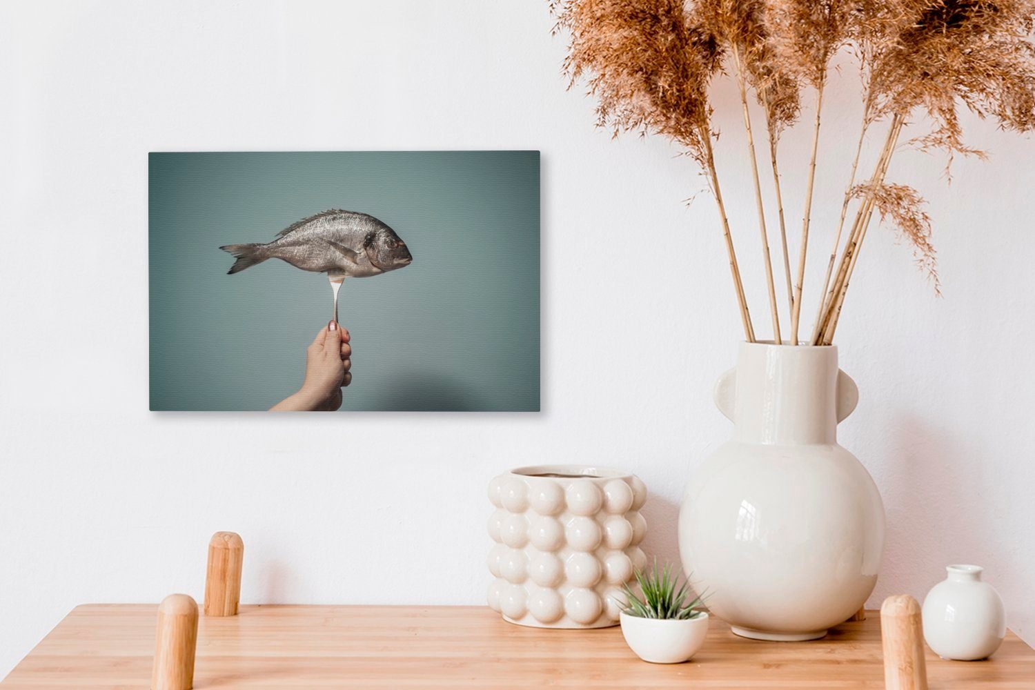 einer Aufhängefertig, Leinwandbild Silbergabel, auf 30x20 cm Fisch Wanddeko, (1 Leinwandbilder, Wandbild OneMillionCanvasses® St),