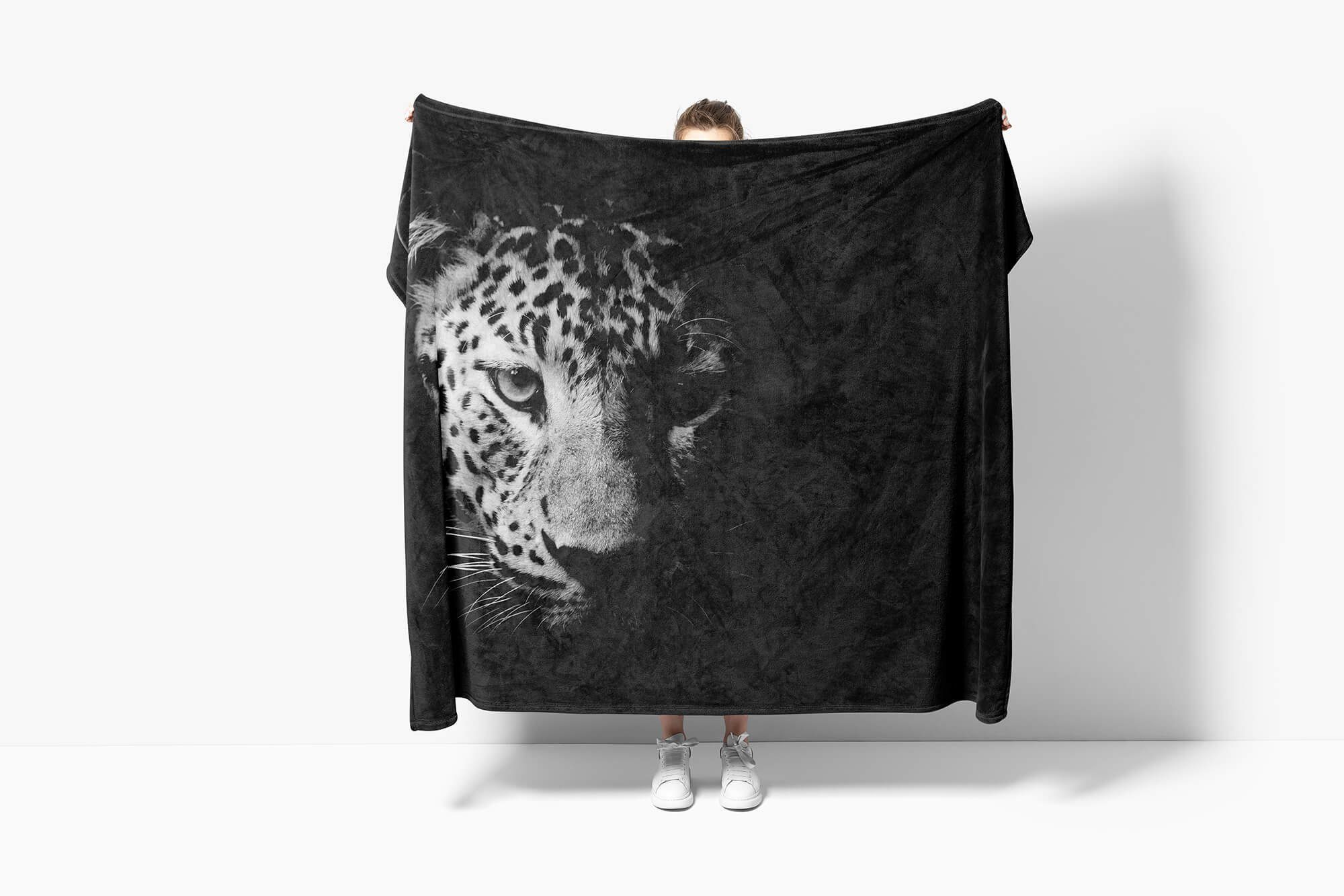 Tiermotiv Saunatuch Handtuch Art Handtuch Jaguar Strandhandtuch Sinus mit Schwarz Kuscheldecke Wei, (1-St), Baumwolle-Polyester-Mix Handtücher