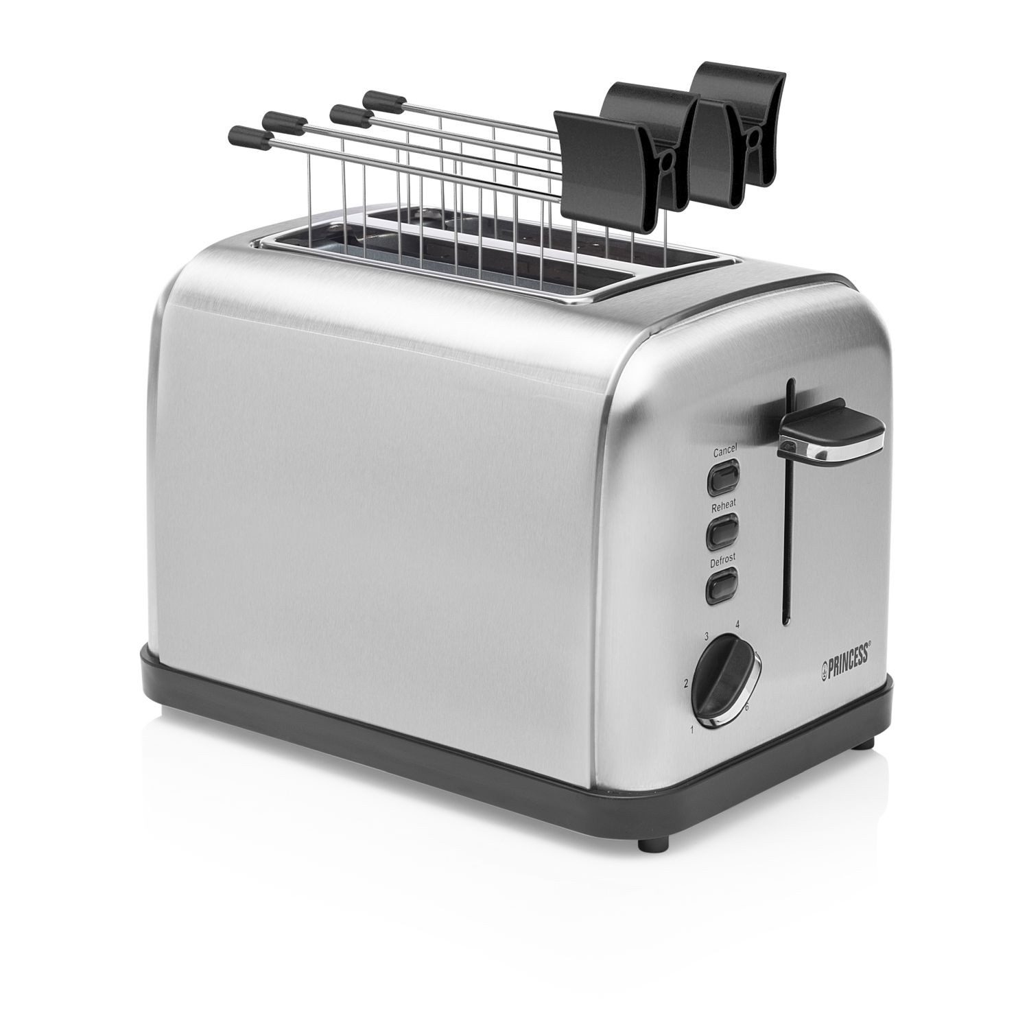 PRINCESS Toaster Princess Edelstahl Toaster – Krümmelfach - Brötchenaufsatz, 2 kurze Schlitze, für 2 Scheiben, 950 W, Edelstahlgehäuse - 2 Schlitze