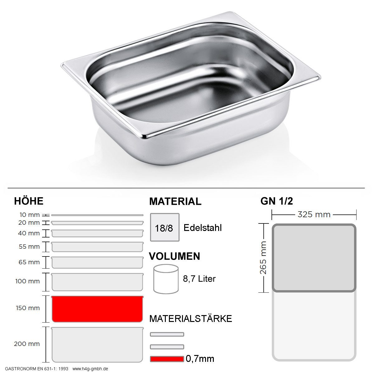 WAS Thermobehälter Gastronorm Behälter GN 1/2 - 150mm - GN90 - 18/8 Edelstahl - 0,7mm, Edelstahl