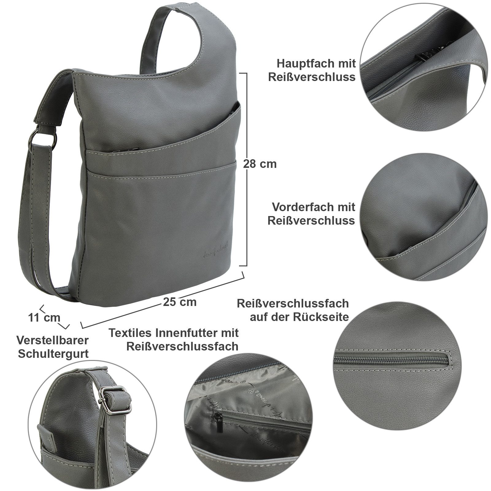 J JONES JENNIFER JONES Umhängetasche Damen Schultertasche mit Reißverschluss Crossbody Bag – Bild 2 von 5