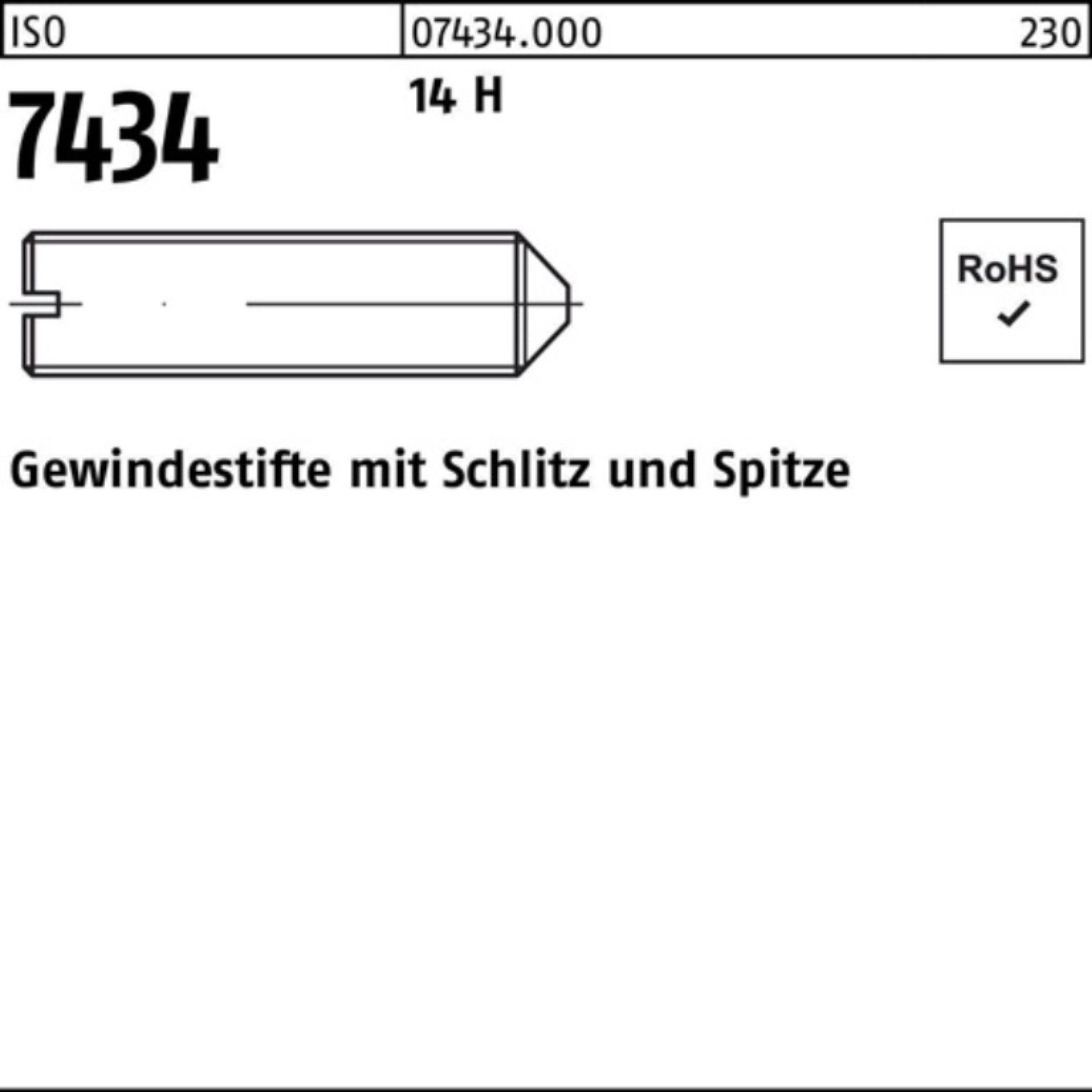 Reyher Pack Gewindebolzen Spitze/Schlitz 7434 1000er Gewindestift ISO Stü 1000 M8x 14 10 H
