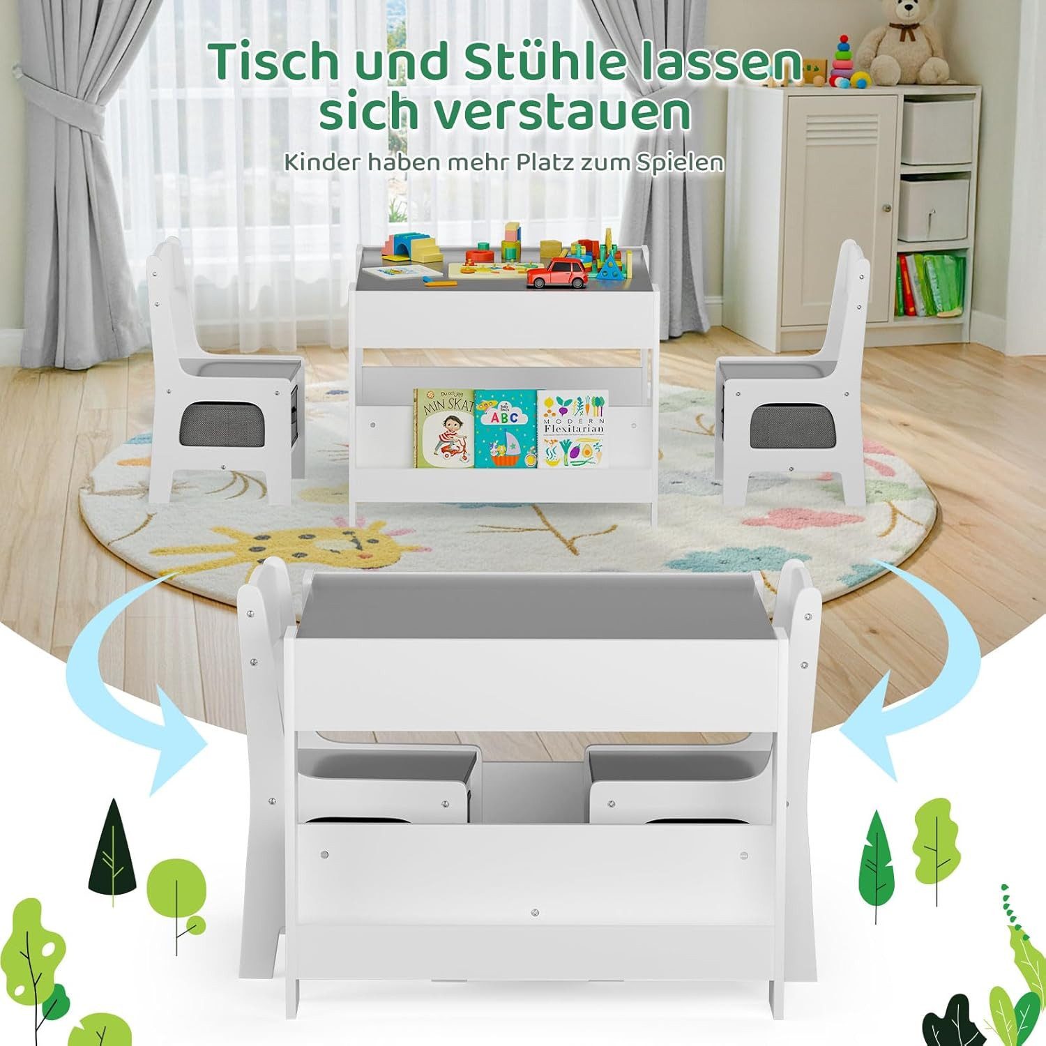 TLGREEN Kindersitzgruppe 3-in-1 Multifunktional mit Whiteboard & Kreidetafel, (Maltisch & Schreibtisch mit Großen Stauraum & Buchständer, Spieltisch für Lego Ki – Bild 3 von 5