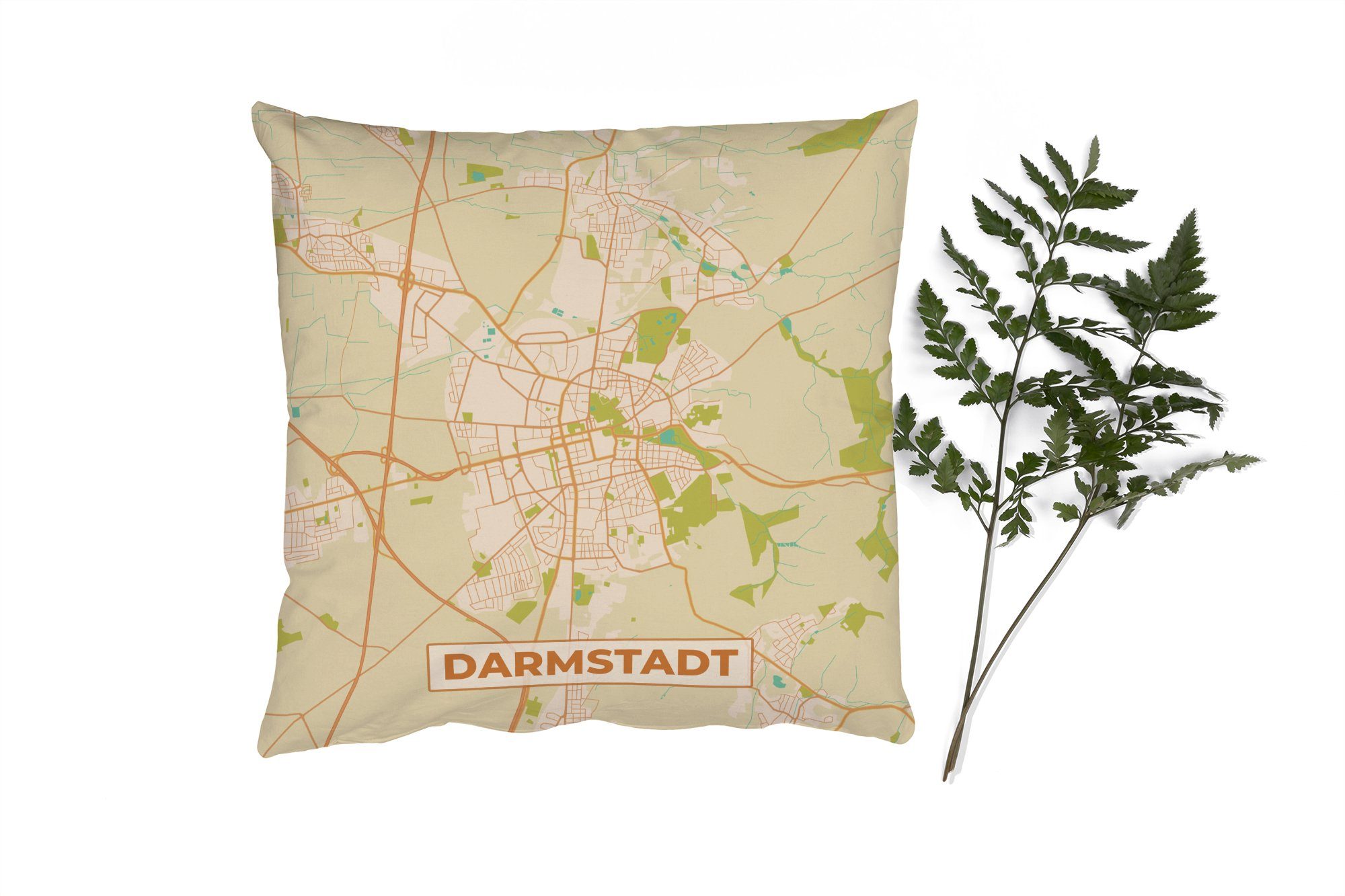 MuchoWow Dekokissen Darmstadt - Stadtplan - Vintage - Karte, Zierkissen mit Füllung für Wohzimmer, Schlafzimmer, Deko, Sofakissen