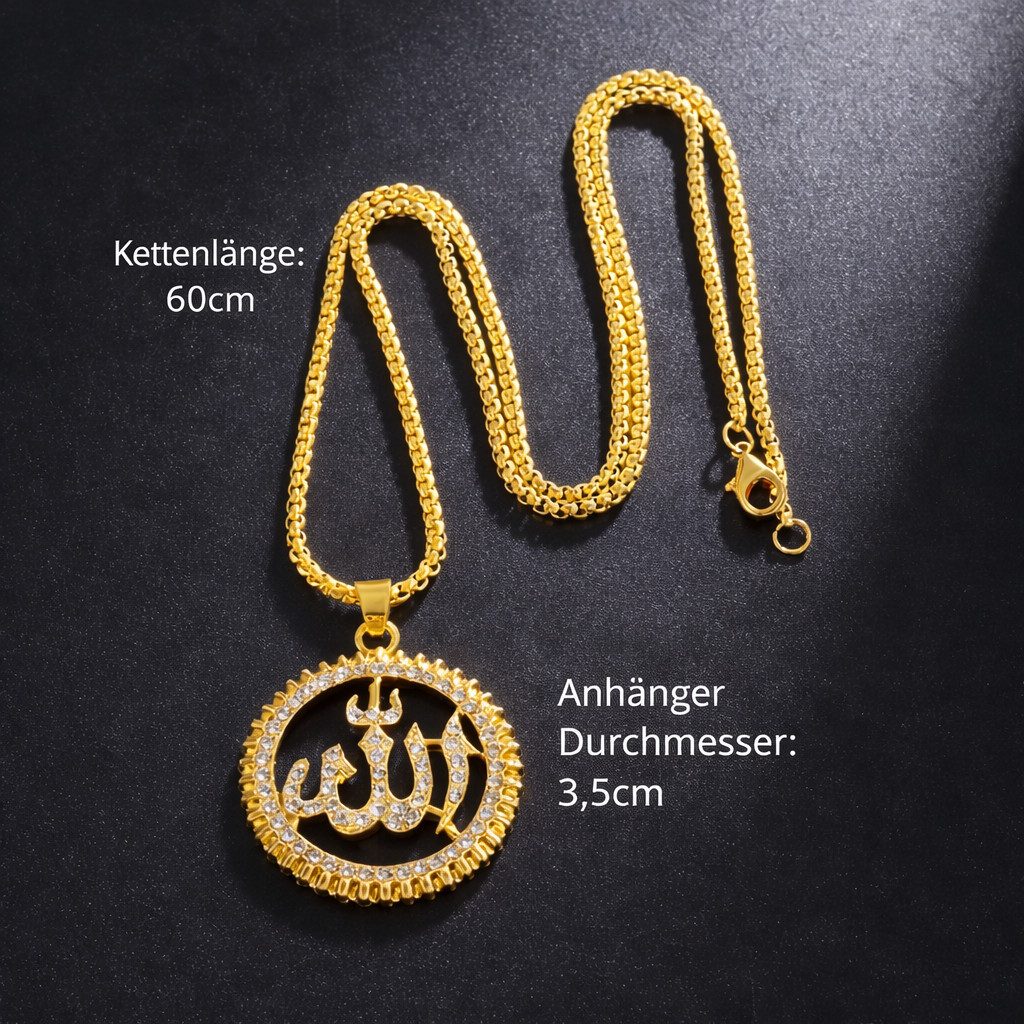 ILOKEN Kette mit Anhänger Damen Halskette Allah – Schmuck mit funkelndem Strass Goldfarbe 60cm (Single, Einzelstück), Allah Anhänger Halskette Damen mit Strass Rund 60 cm