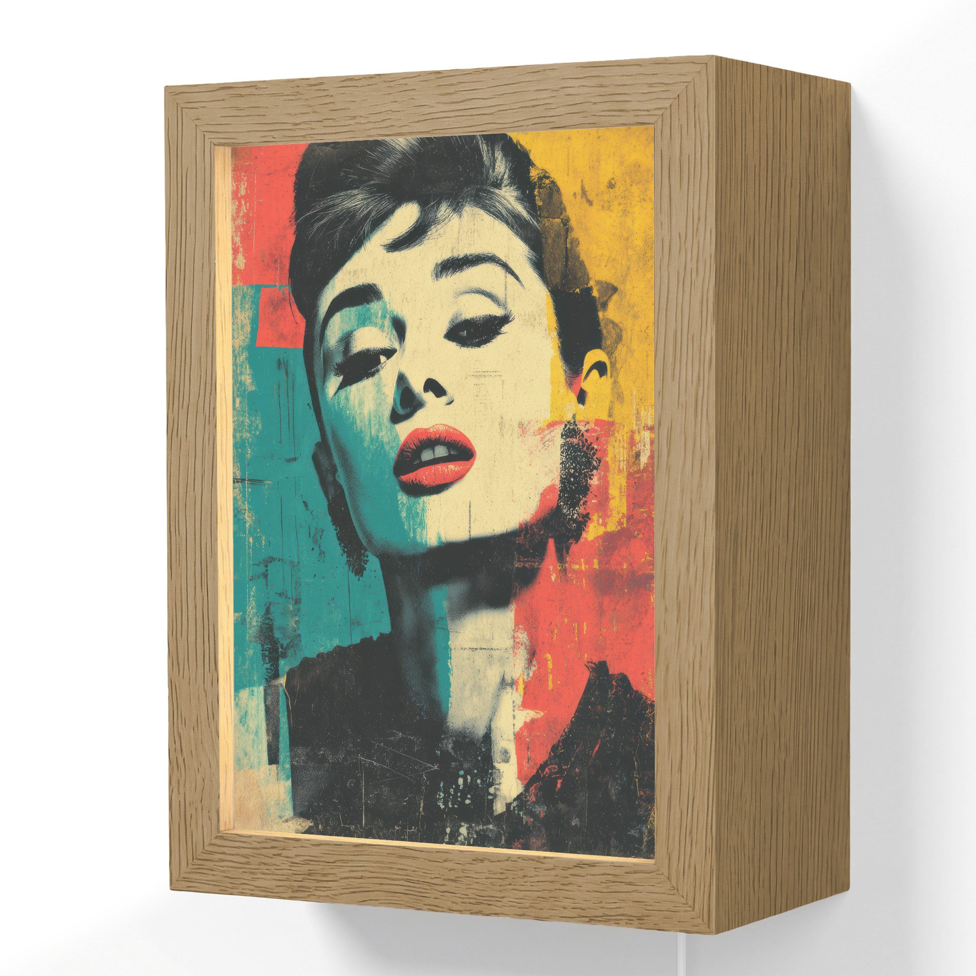 OnlyWow Wandleuchte Lightbox Frau - Rote Lippen - Ausdrucksstark - Grafik, Dimmbar, Farbwechsel, LED, Warmweiß, Kaltweiß, Neutralweiß Einstellbar, Wandlampe Innen, Dimmbar, mit Kabel, LED, Beleuchtung, Wohnzimmer