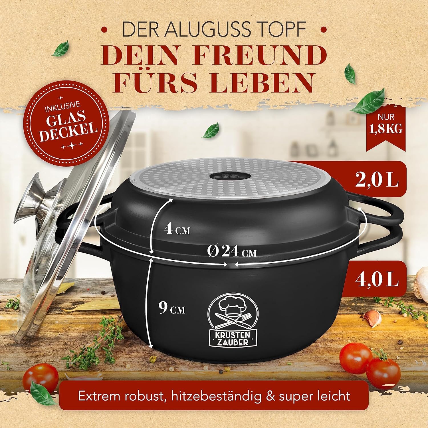 Krustenzauber Bräter Aluguss Bräter mit Deckel backofengeeignet [inkl. Glasdeckel] -, (Aluminium Schmortopf & Bratpfanne), Idealer Bräter Induktion, Schmorpfanne, Bratentopf, Gussbräter