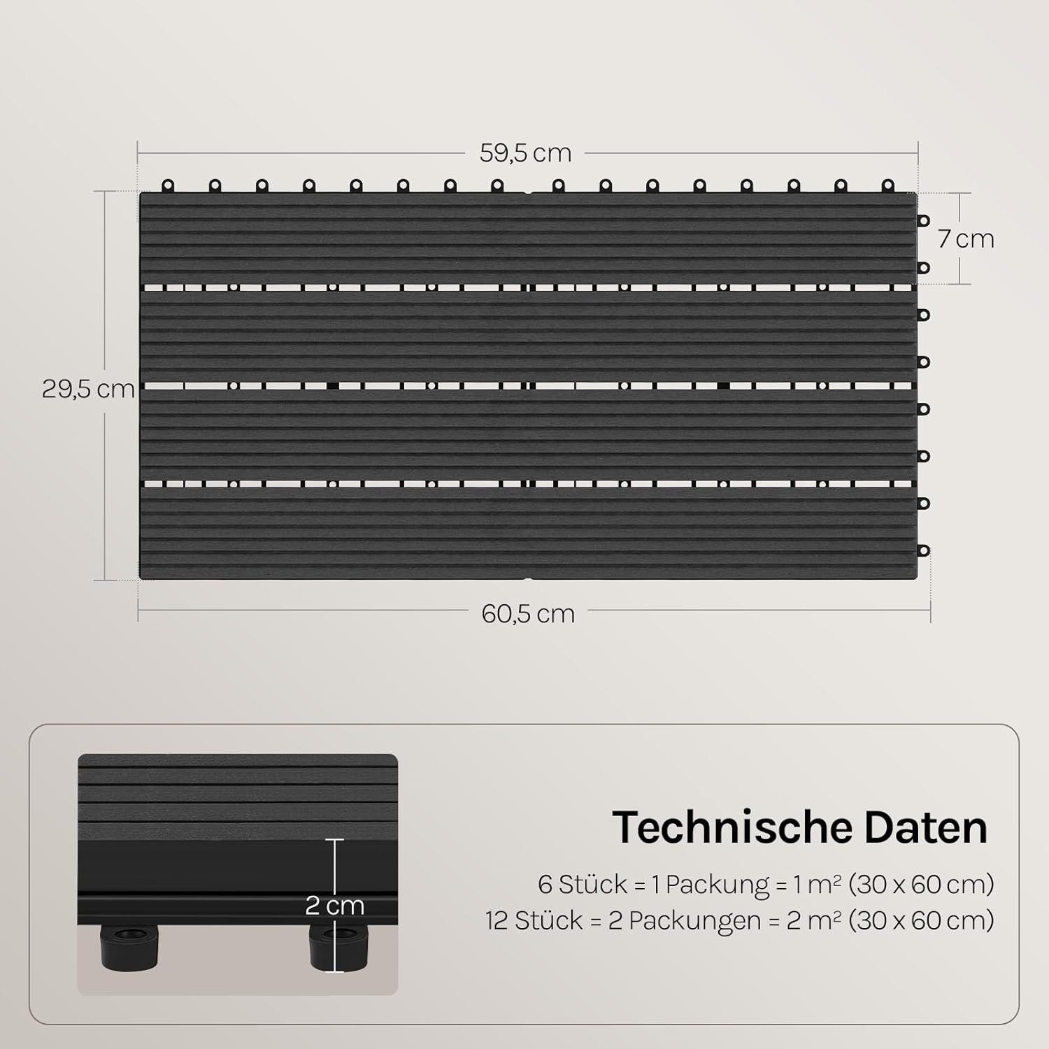 Woltu WPC-Fliesen, 12 St., Terrassendielen Holz-Optik 30x60cm mit klicksystem