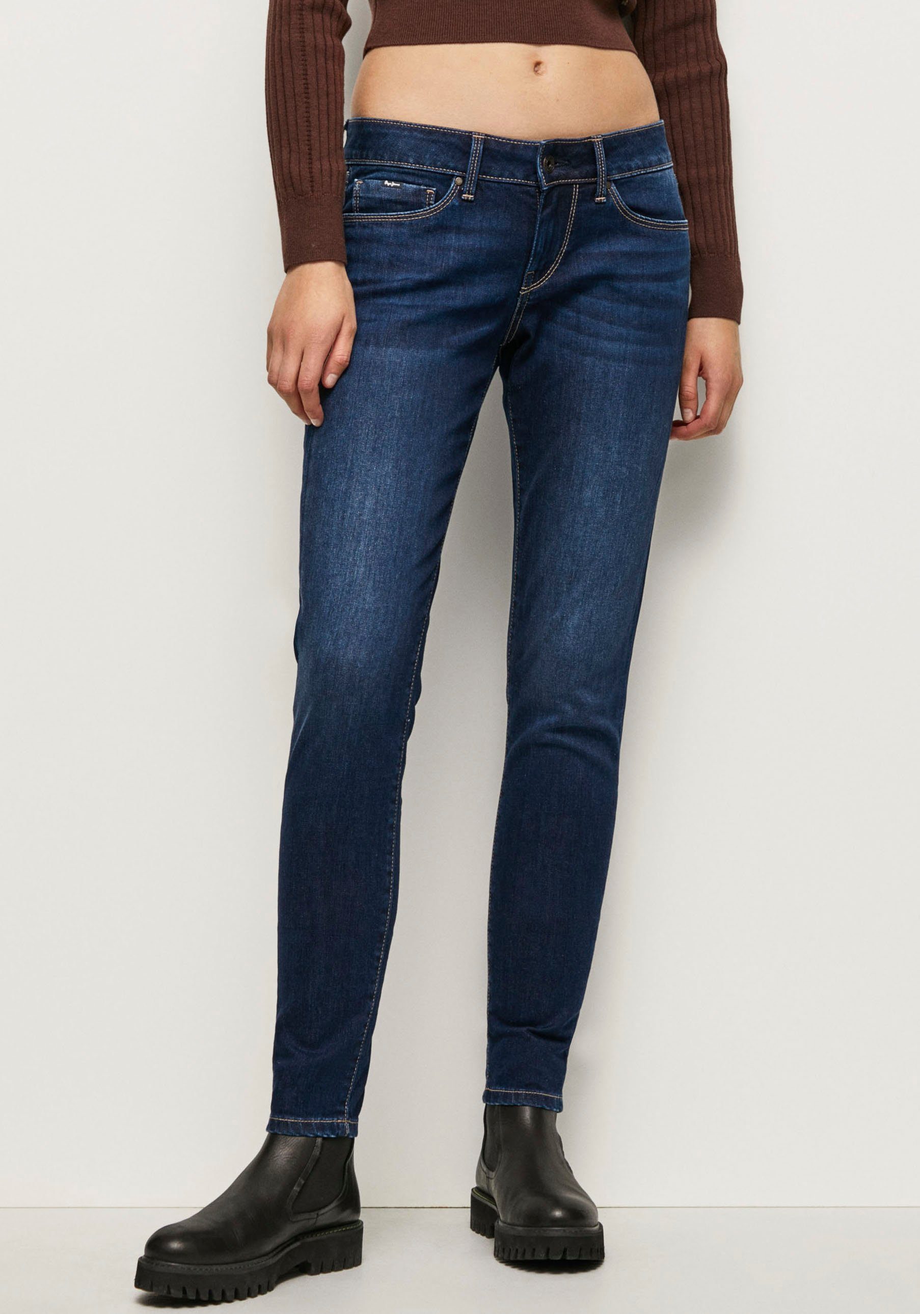 Pepe Jeans 5-Pocket-Stil USED Skinny-fit-Jeans Bund im und Stretch-Anteil mit SOHO DARK 1-Knopf