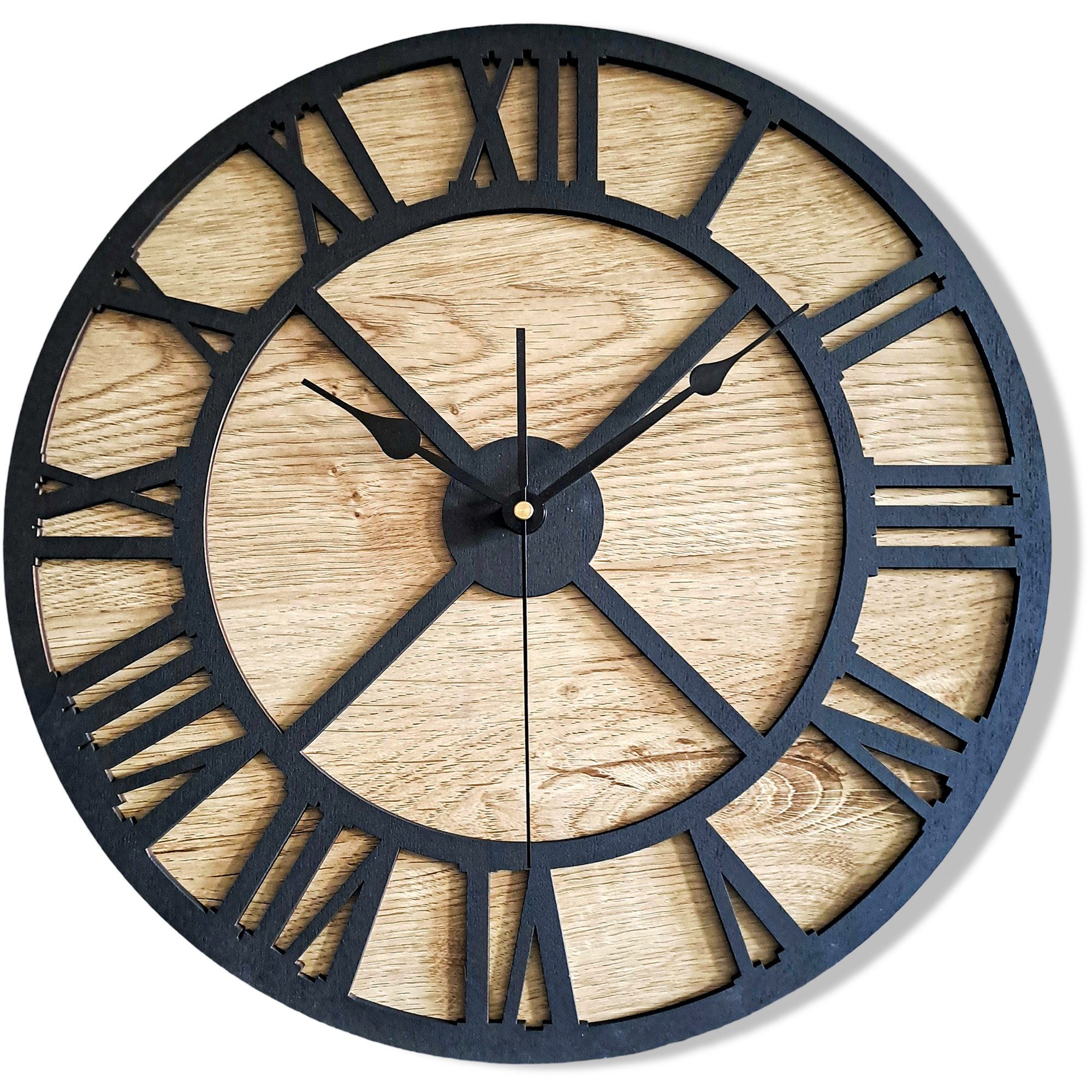 ORNAMENTI Wanduhr Grosse, dekorative, vintage holz Wanduhr, retro, boho, ohne Ticken (Eiche furniert, römische Ziffern, 3 Größen 40, 50, 60 cm)