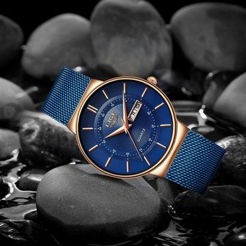 Lige LG9949D Watch (1.57 Zoll), Herren-Armbanduhr Gold Blau ultradünn, Edelstahl, modisch, analog