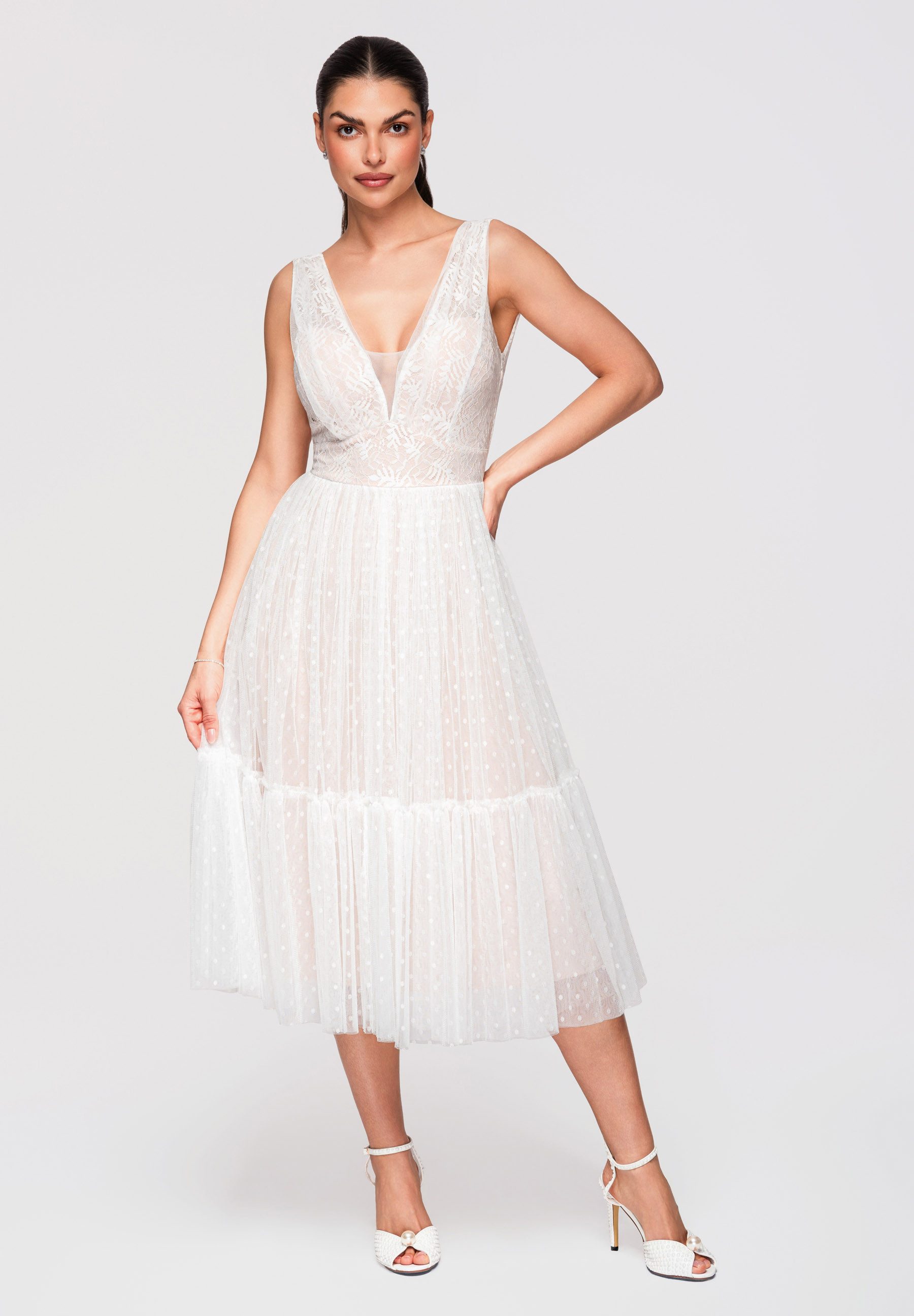 OMBRE Abendkleid Damen Midikleid Spitze Tüll A-Linie Weiß S (kein Set, 1-tlg) Transparente Einsätze, mehrlagiger Rock