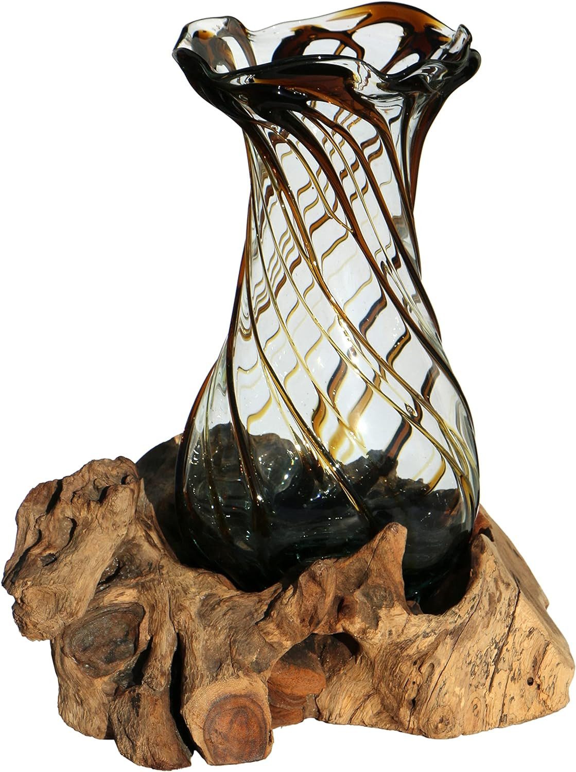 Wogeka Dekovase Dekovase Glas-Vase "Venezia" auf Wurzel-Holz Teakholz Gamal