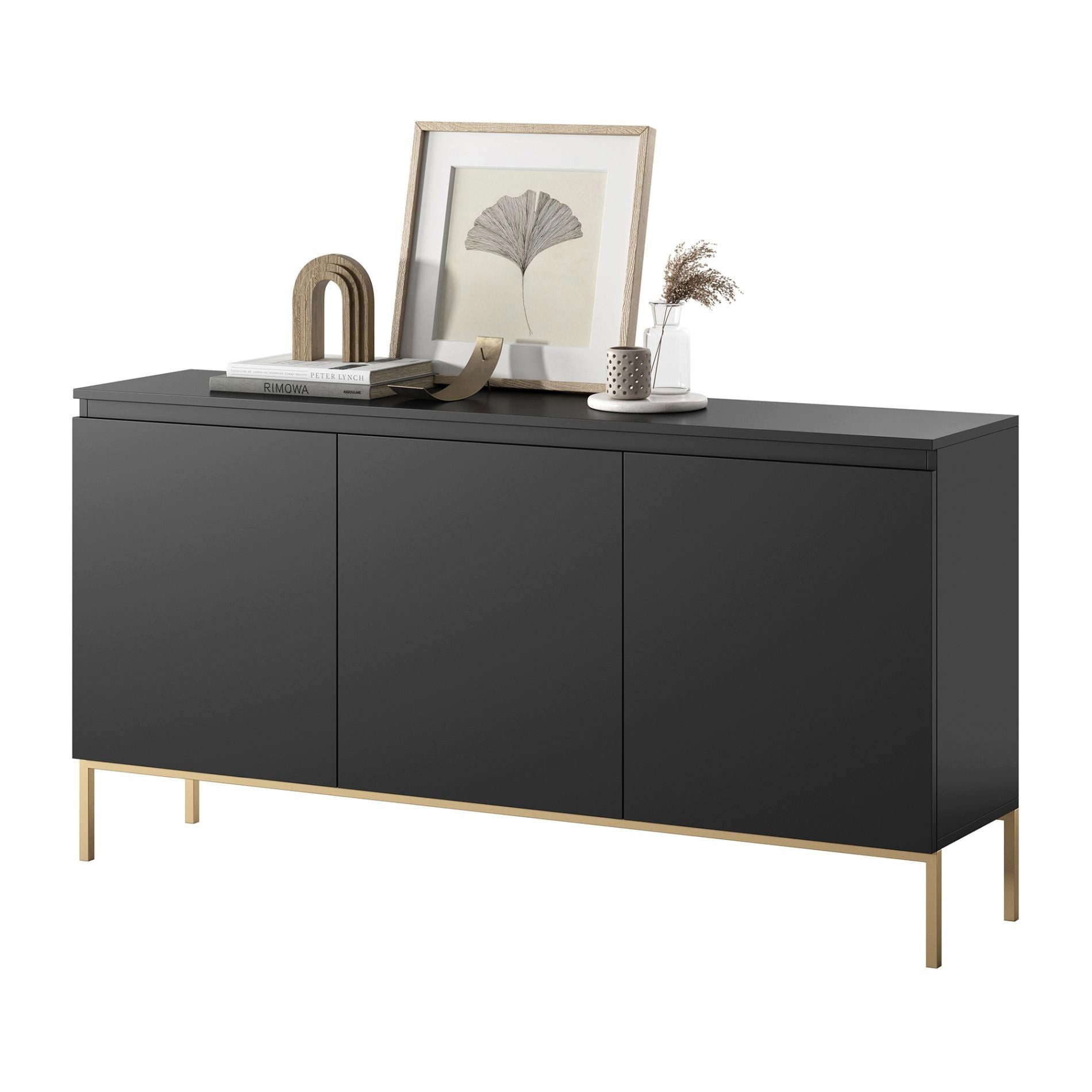 Selsey Sideboard BEMMI, 3-türig mit 6 Fächern, goldenem Metallgestell, grifflos