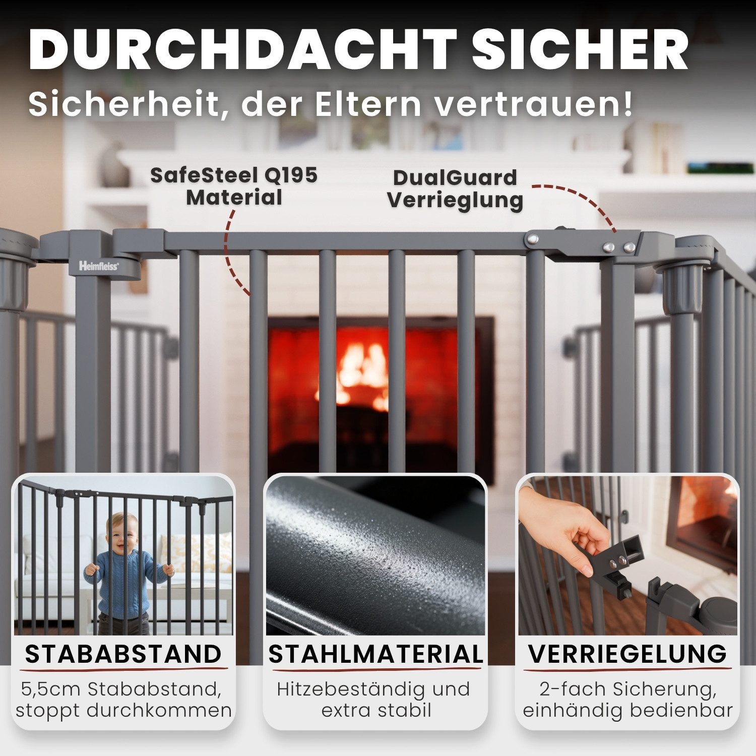 Heimfleiss® Ofenschutzgitter Kaminschutzgitter ohne Bohren Baby Hunde (Treppenschutzgitter Türgitter, 5 St., inkl. Saugnäpfe & Wandhalterungen), 308 cm mit Türf – Bild 3 von 5