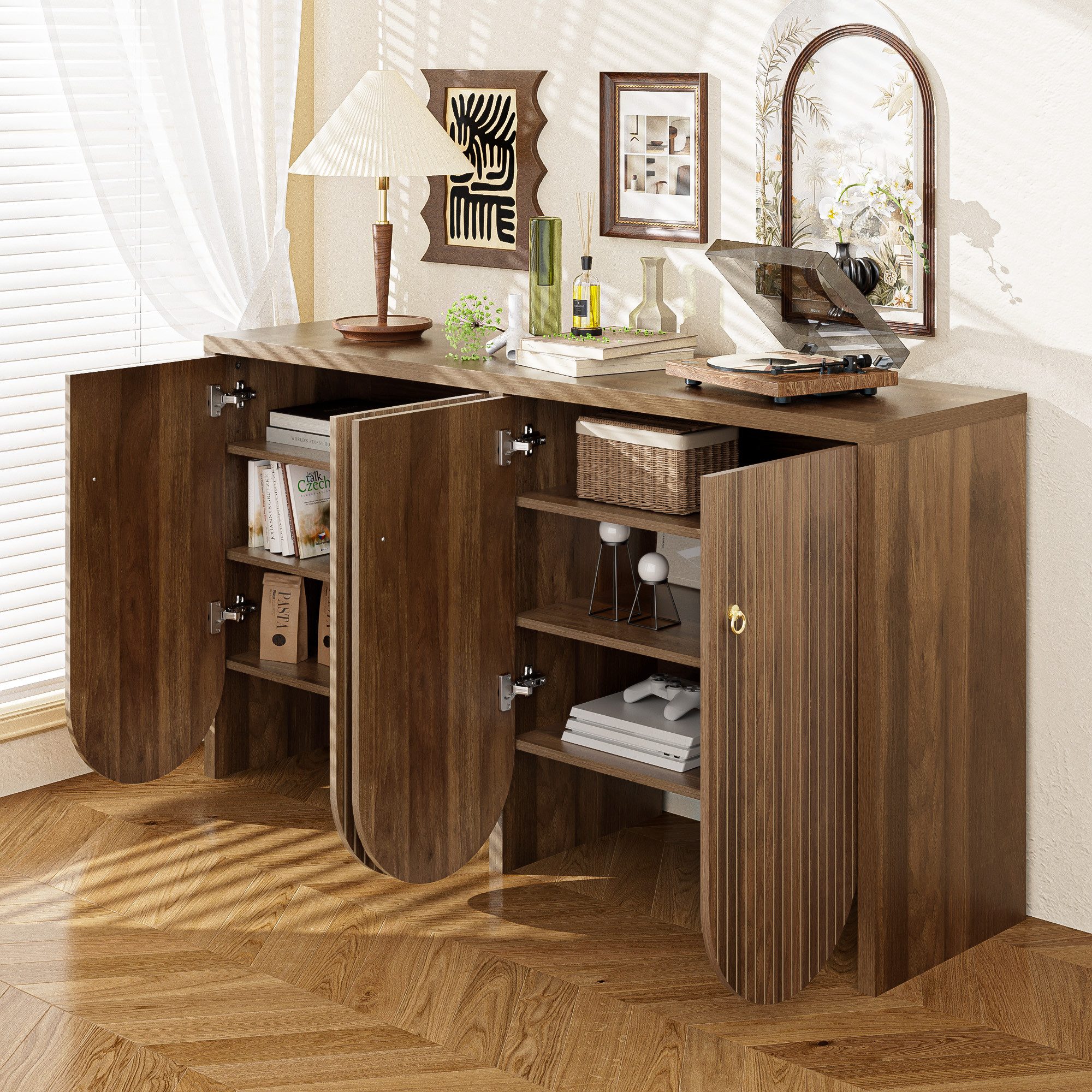 MODFU Sideboard in Walnussoptik, einfach aufzubauen (Wohnzimmerschrank, Kommode, 1 St., 4 Türen), mit verstellbaren Einlegeböden & Alugriffen