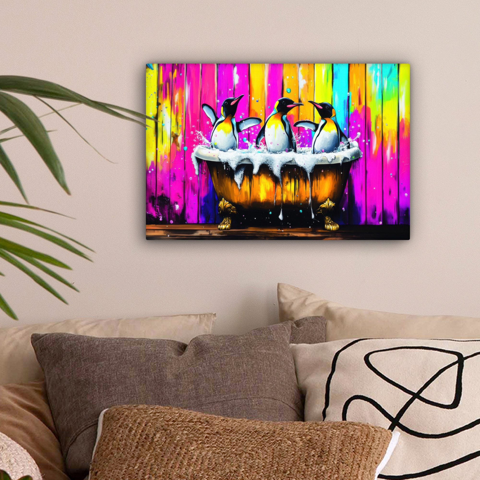OneMillionCanvasses® Leinwandbild Pinguine - Badewanne - Bunt - Schaumstoff günstig online kaufen