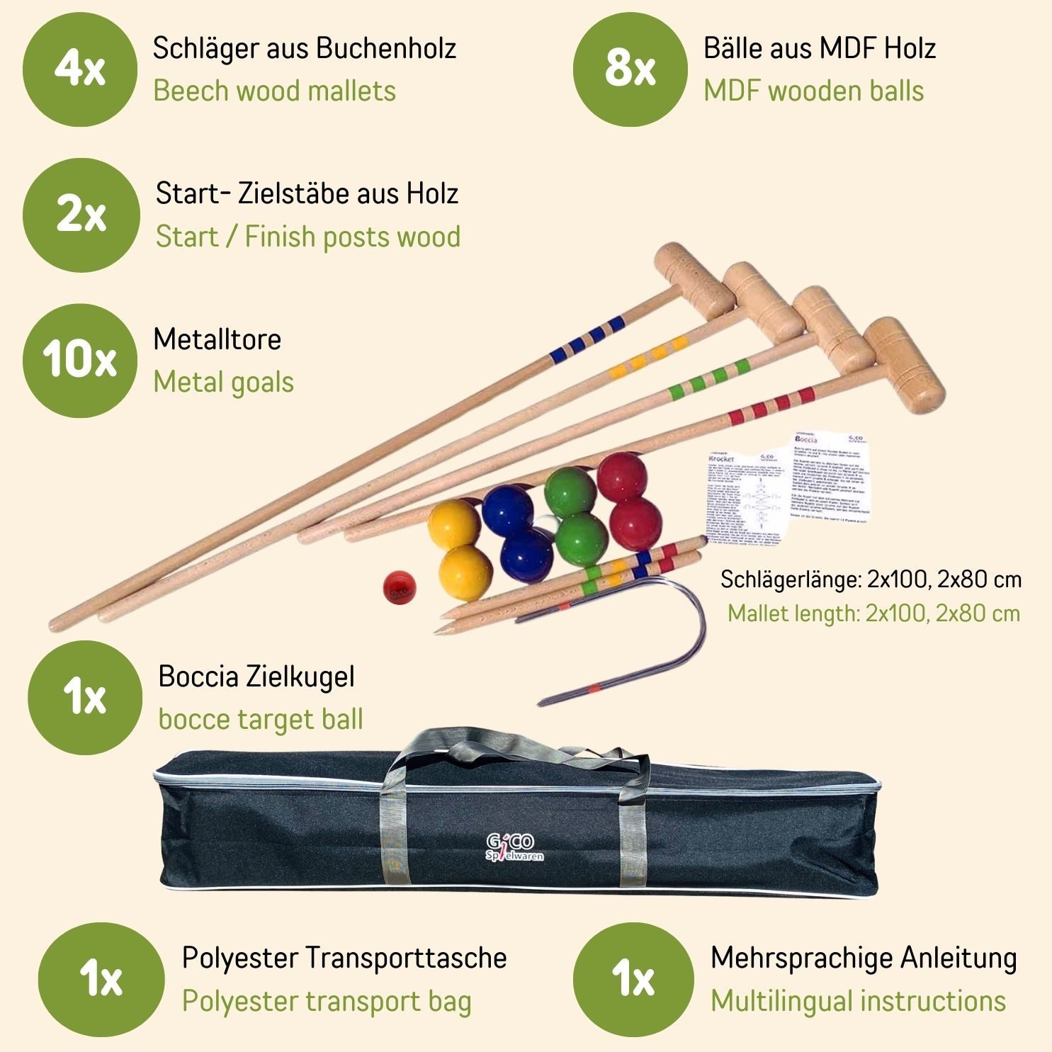 GICO Spielzeug-Gartenset GICO KROBOC XL -2 Spiele in1 Krocketroquet und Boccia Spiel Set 3109, 2in1: Krocket und Boccia