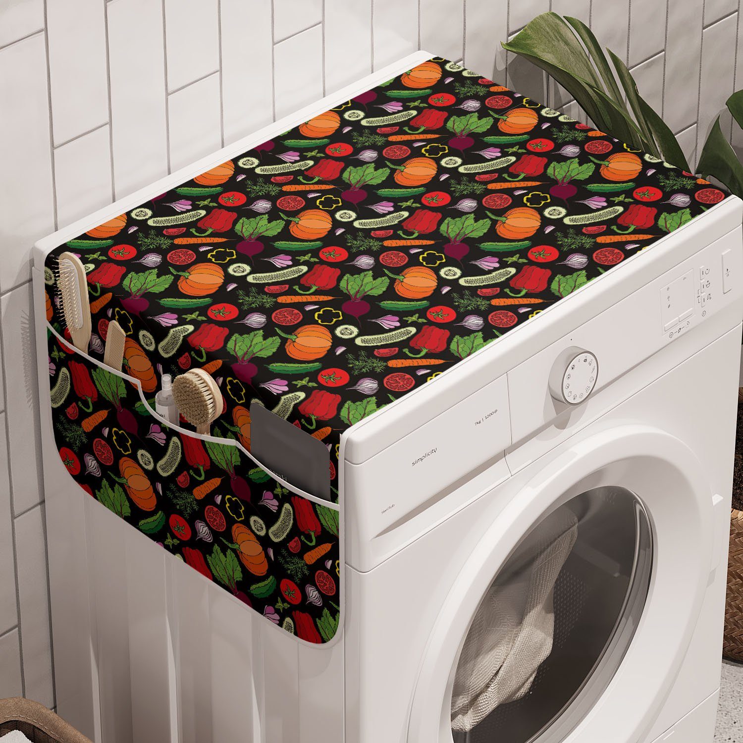 Abakuhaus Badorganizer Anti-Rutsch-Stoffabdeckung für Waschmaschine und Trockner, Gemüse Gesunde Küche Doodle