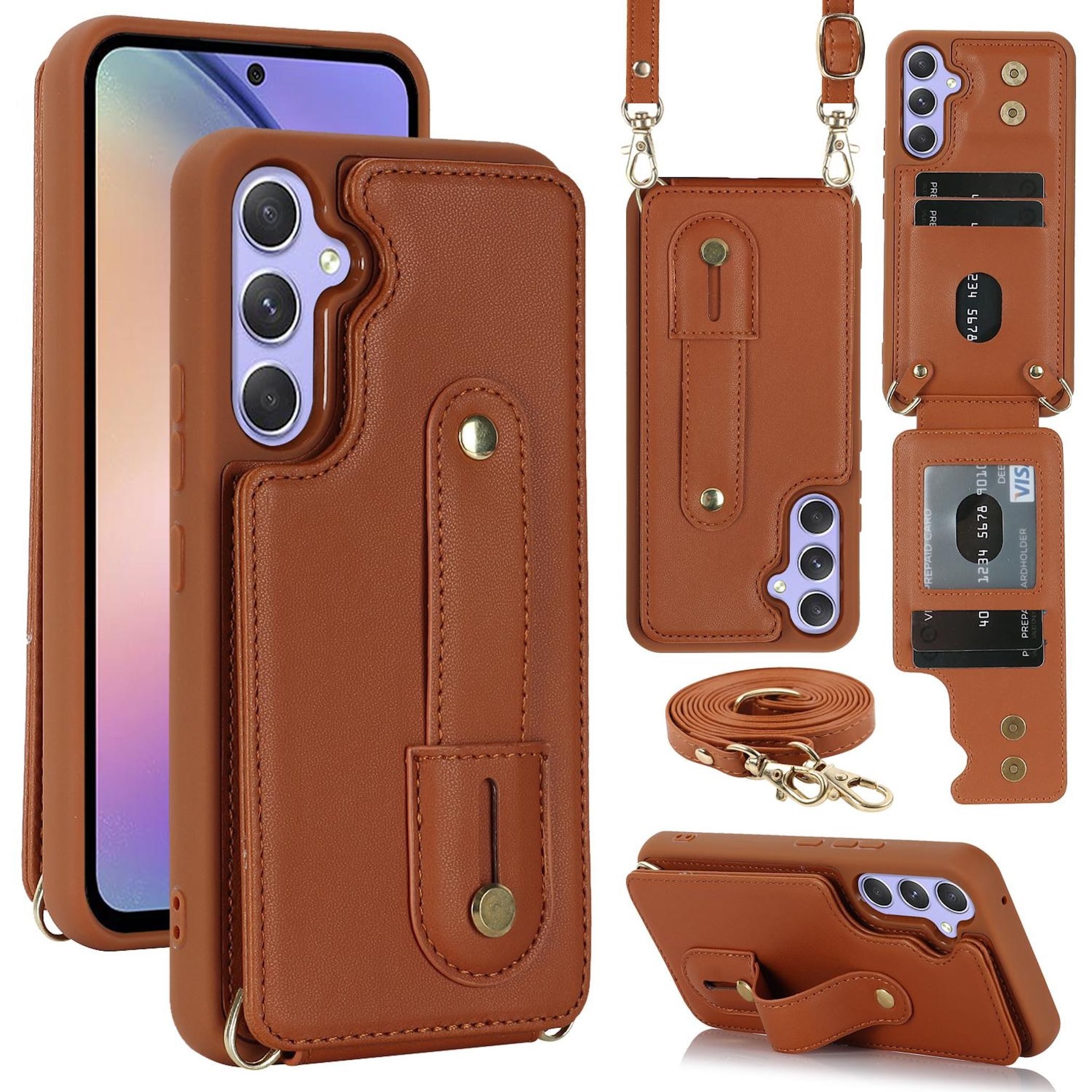 Wigento Handyhülle Fliphülle für Samsung Galaxy S26 Kartenfach Umhängeband Braun 6,3 Zoll, Kartenfächer, Handband, Umhängeband