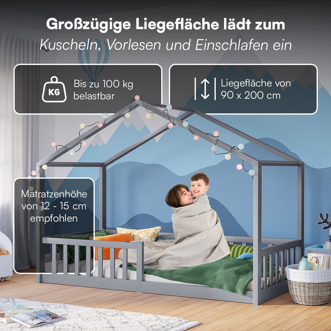 Bellabino Hausbett Kinderbett Bia mit Lattenrost (hellgrau, optional mit Matratze), Bodenbett mit Rausfallschutz, verfügbar in 80x160 & 90/120/140x200 cm – Bild 5 von 5