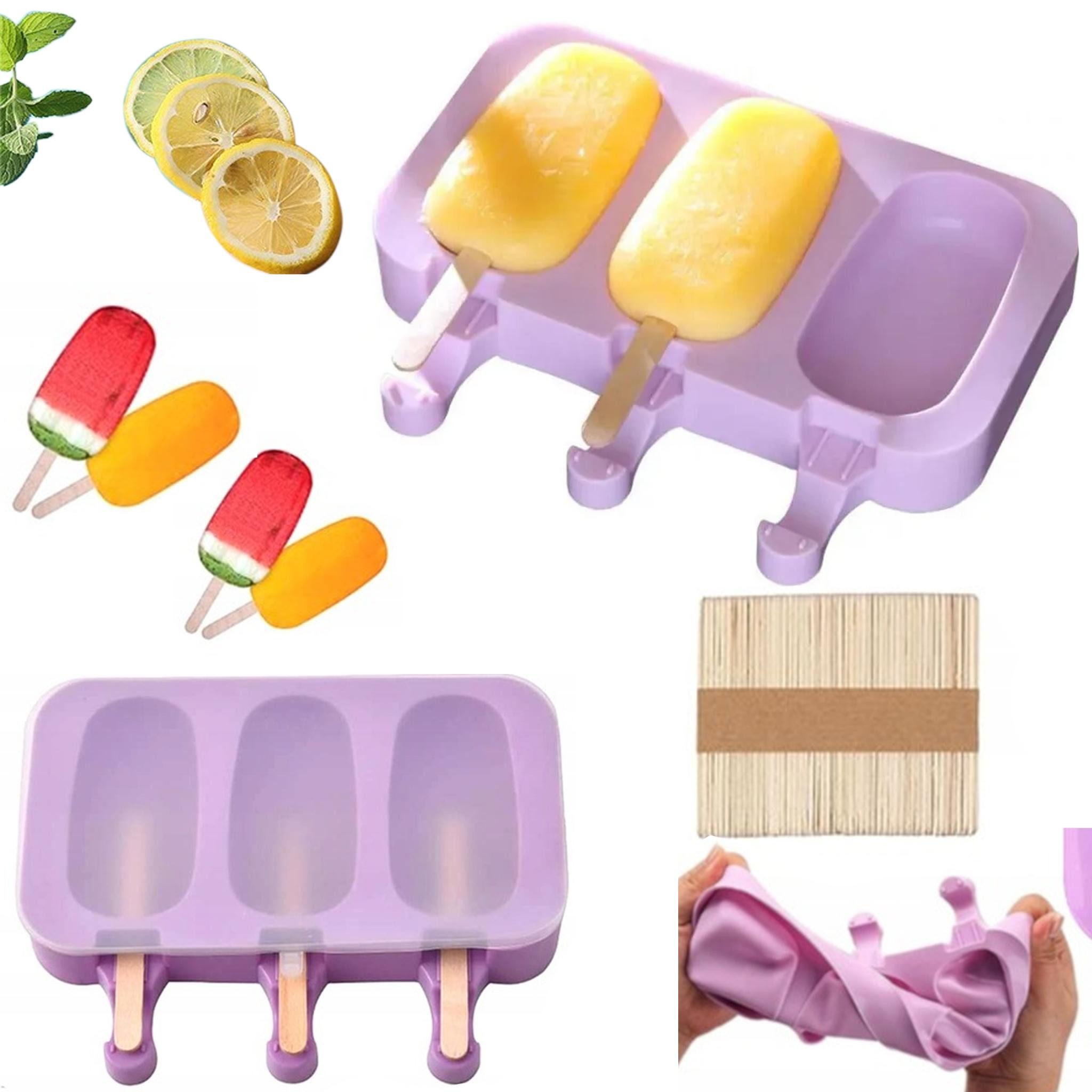 LA CUTE Eisform Silikon Eisform für hausgemachtes Eis, hitzebeständig & flexibel, (Eisform-Set für 3 Stieleis, inklusive passender Holzstiele), Hitzebeständige, flexible Silikonform für perfekte Eis-Kreationen