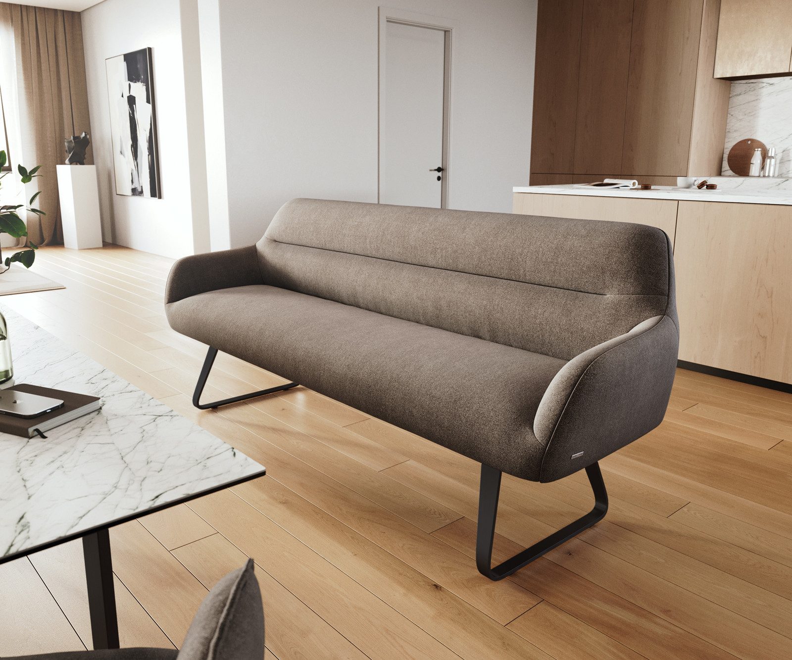 DELIFE Essbank Taya-Flex, 200 cm Kufengestell flach Schwarz Strukturstoff Soft Taupe Taschenfede