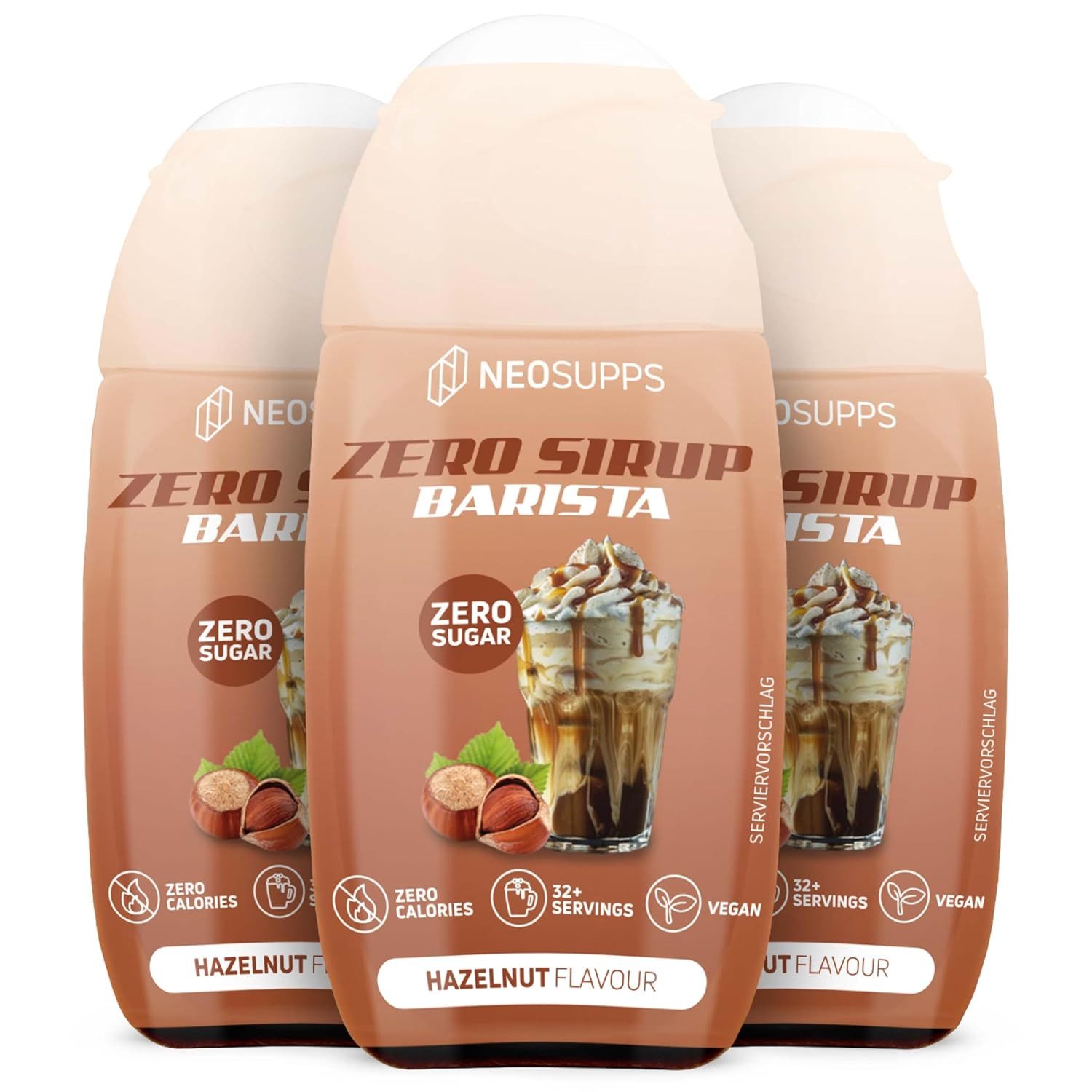 Neosupps Zero Sirup Barista, Hazelnut Geschmack, 3x65 ml Vegan Sirup, 195 ml, Ohne Zucker, Ohne Kalorien