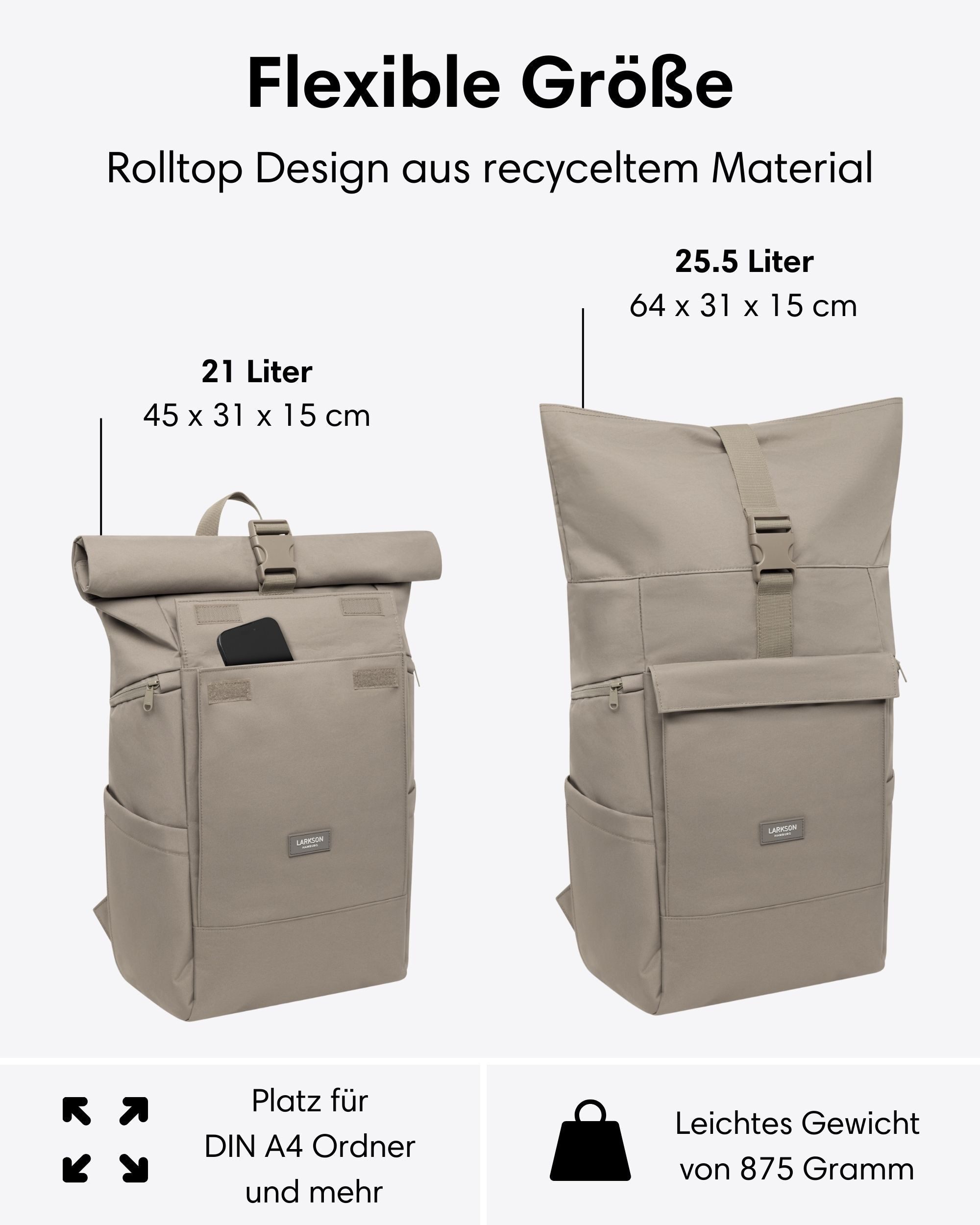 LARKSON Cityrucksack No 4 Large Rolltop Rucksack für Damen und Herren (1-tlg), Geräumiger Rolltop Rucksack für Reisen, Wasserabweisend