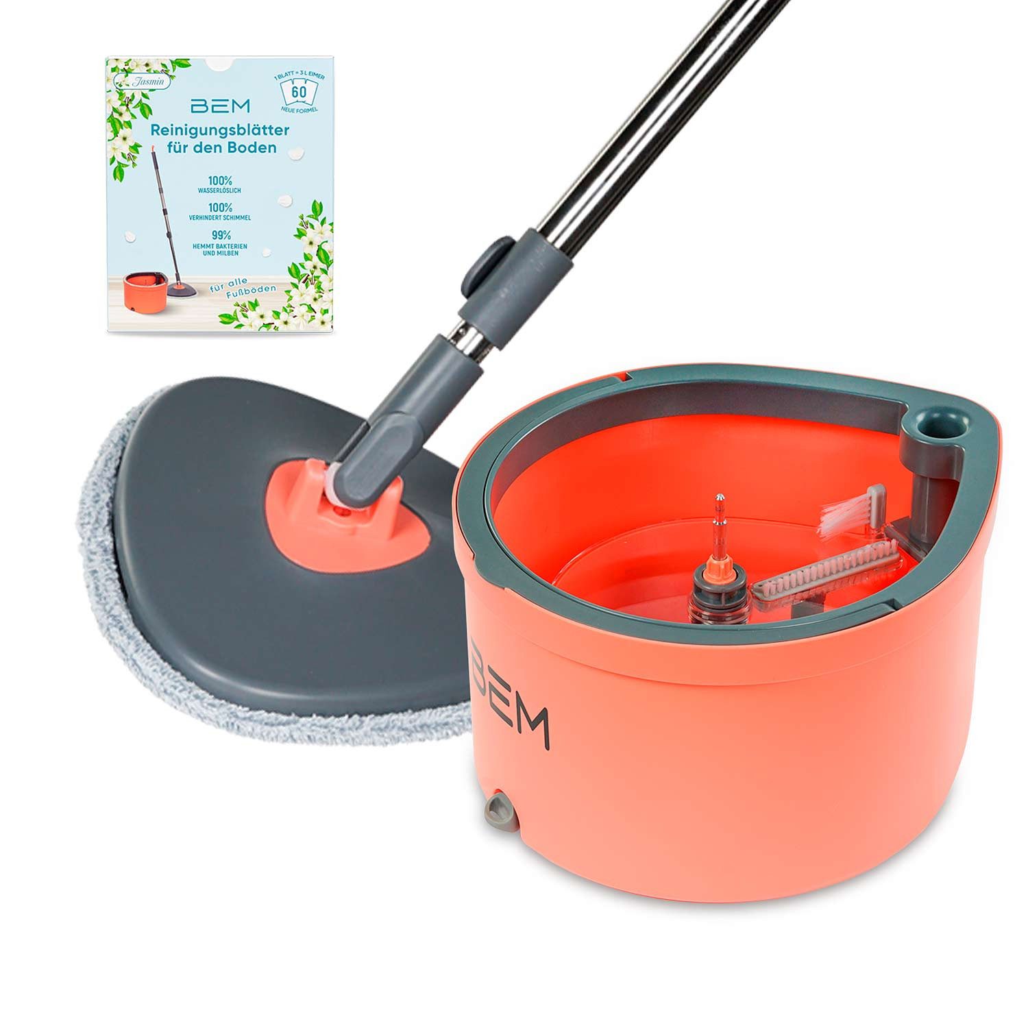 BEM Wischmopp Bodenreinigung Wisch-Set ORBITA, (Wischmopp Eimer Reinigungsblätter), 2 Mopp-Köpfe inkl. (Mikrofaser) und Wasserlösliche Reinigungsblätter