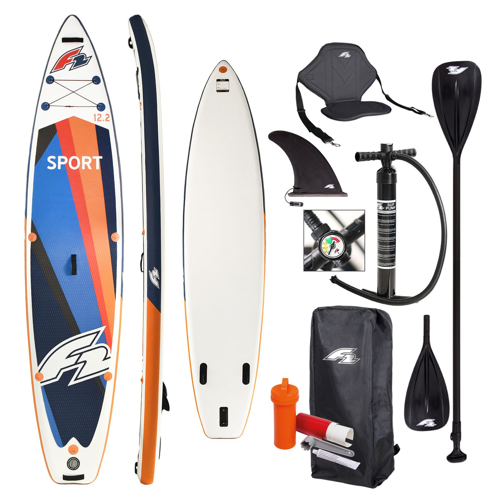F2 SUP-Board F2 Marken Stand Up Paddle Board Sport Touring SUP 12'2 + Kajak Zubehör, Aufblasbar, (Mit Kajakpaddel, Kajaksitz, Pumpe, SUP Tasche und Reparaturset)