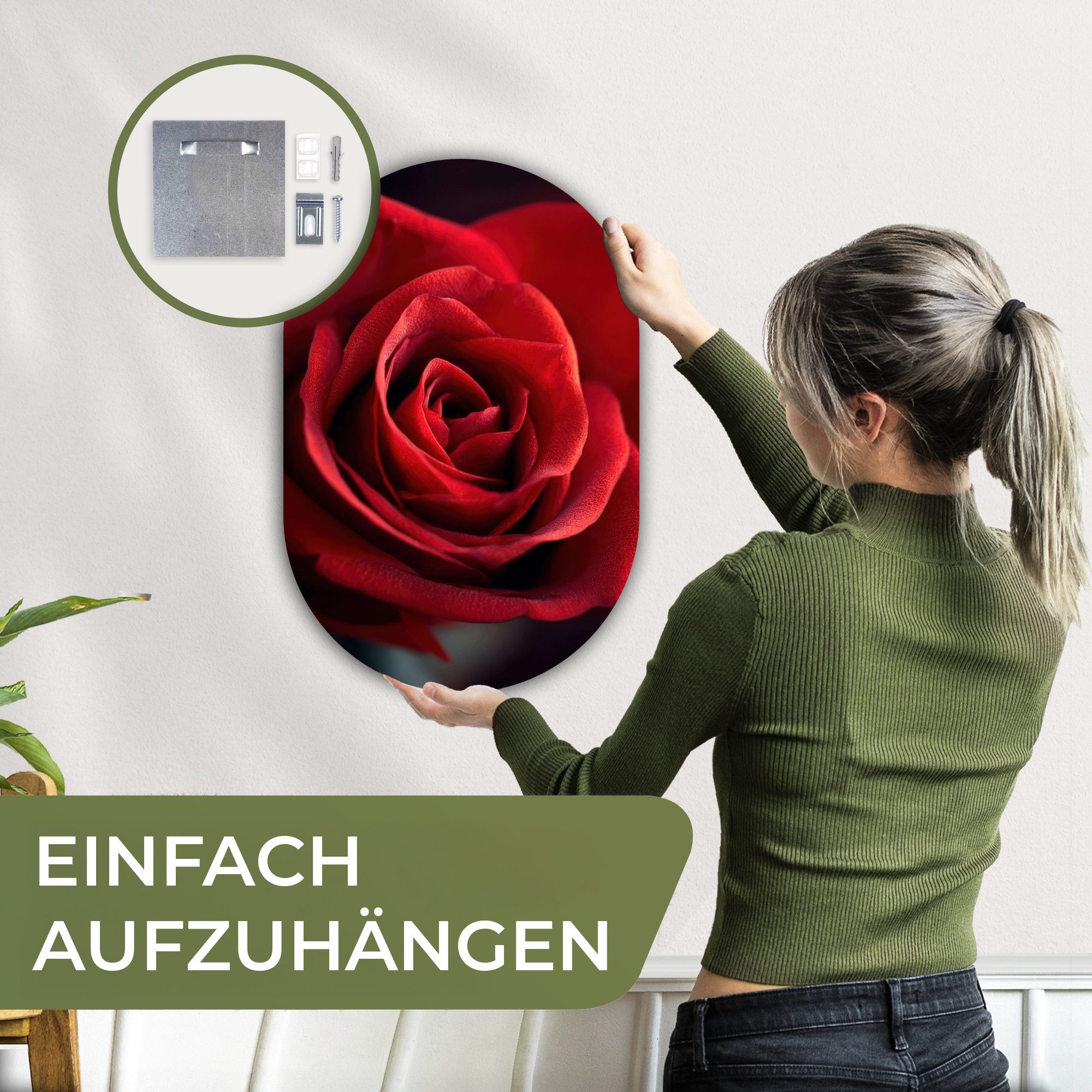 MuchoWow Gemälde Rot - Rose - Romantisch, Fotodruck (1 St), Wandbild Oval, Wohnzimmer oder Schlafzimmer Wanddekoration, 40x60 cm
