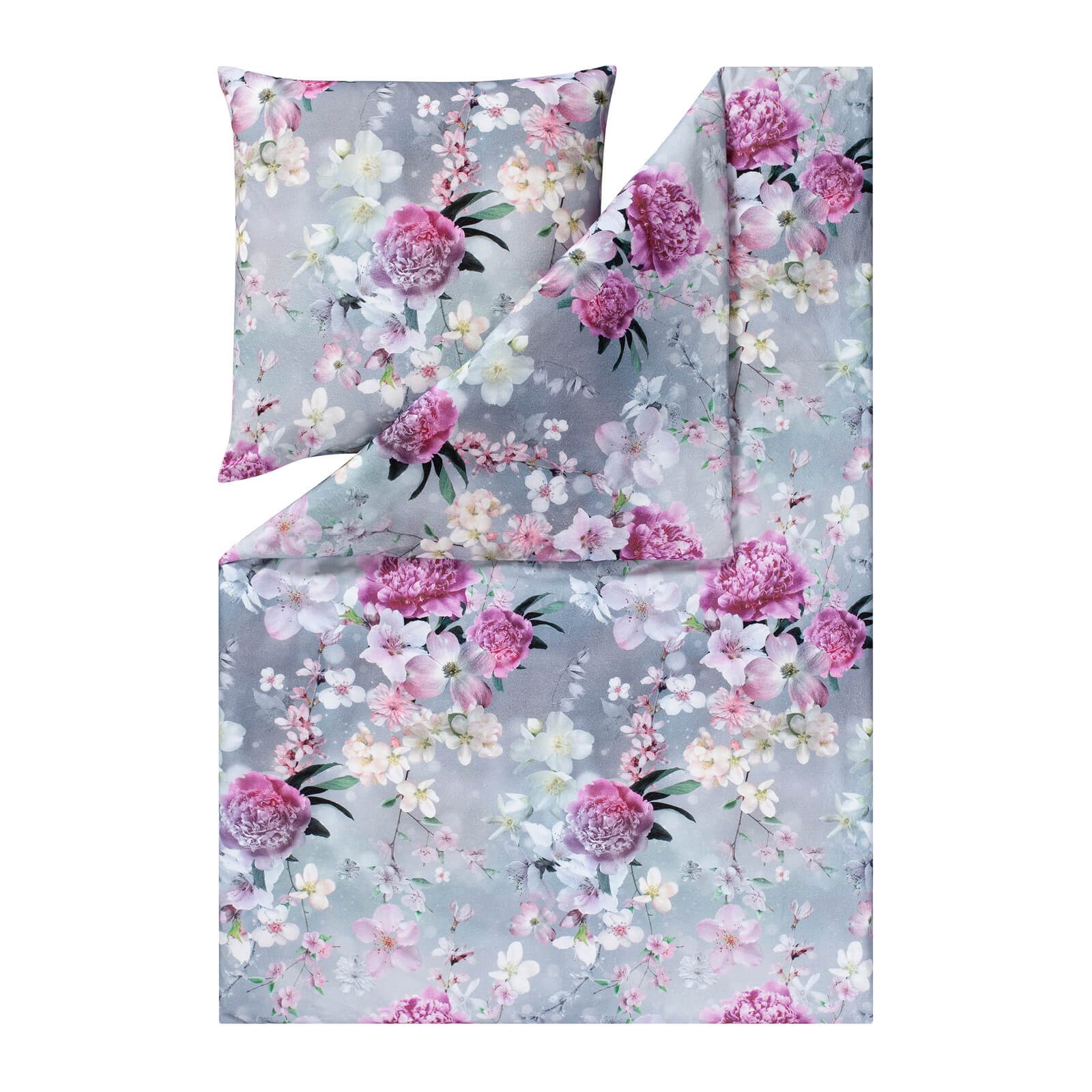 Estella Bettwäsche Romantica 4453 820 Silber, Flanell, 2 teilig, Blumen, Blüten, Zweige