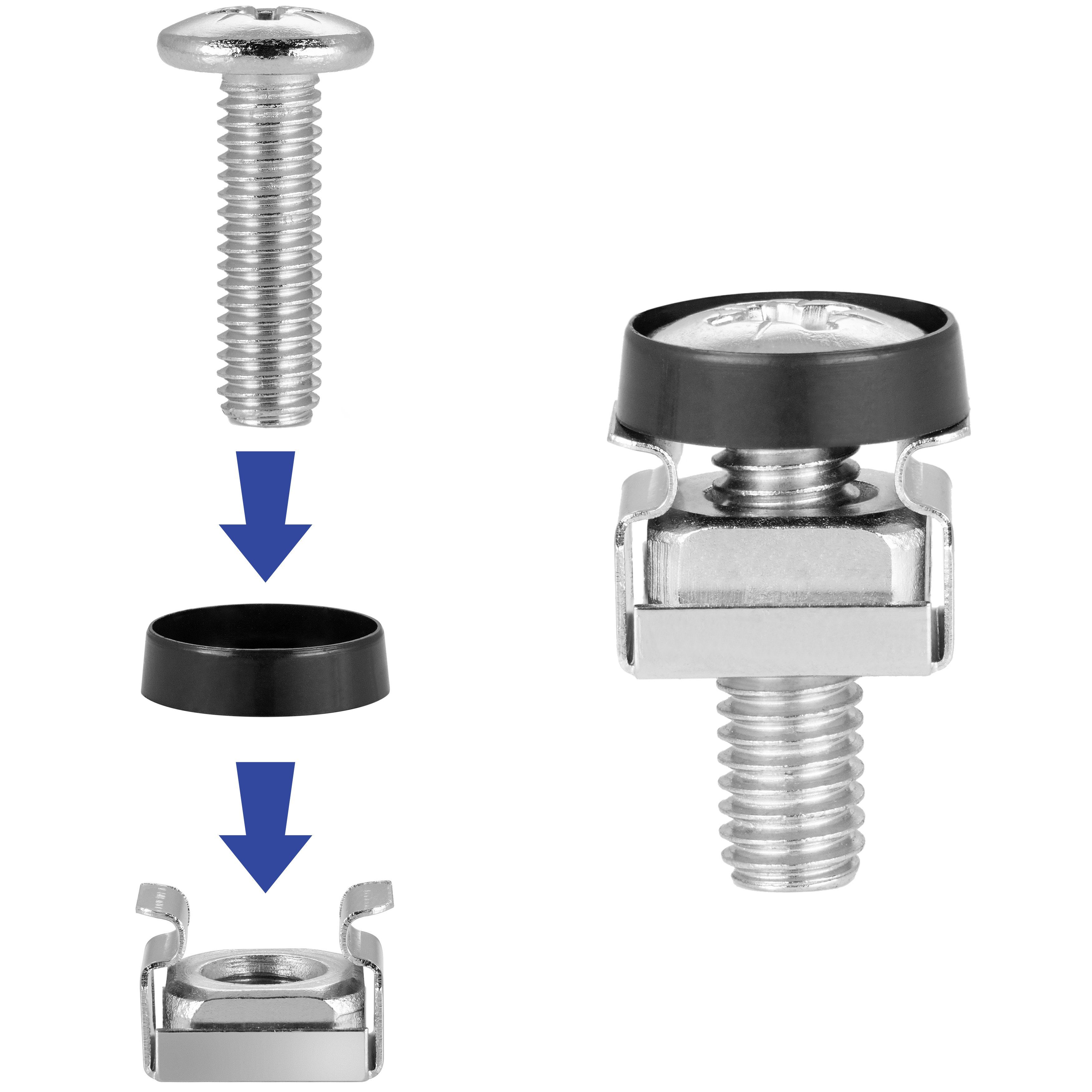 Poppstar Schrauben-Set Rack-Schrauben & Käfigmuttern M6 x 20mm für 10“ / 19“ Netzwerkschränke, (100 St), Serverschrank-Schrauben inkl. Unterlegscheiben