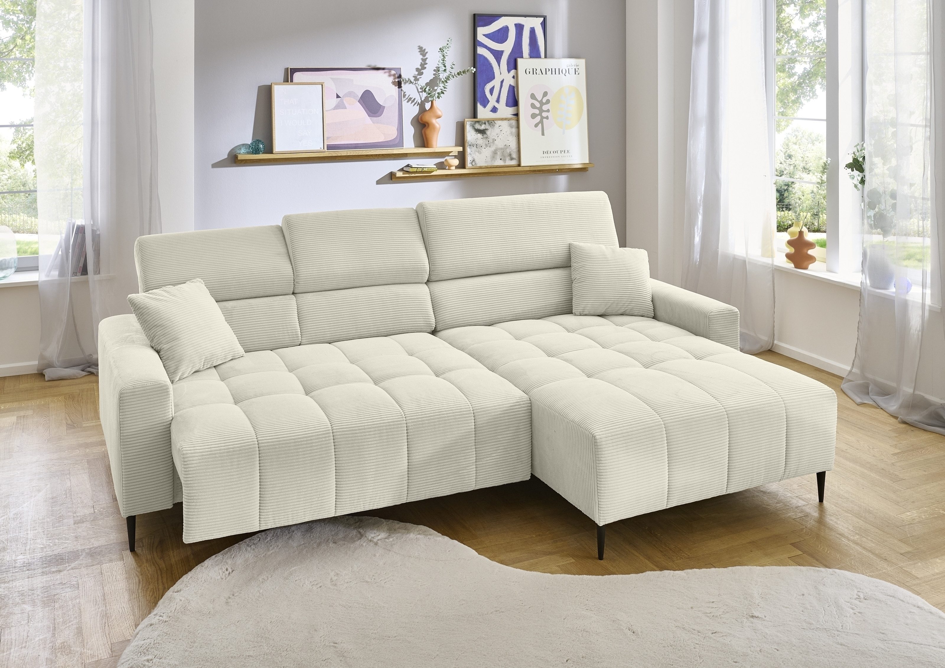 Iwaniccy Wohnlandschaft elektr. Sitztiefenverstellung, Cord beige - 256x100x180cm (BxHxT)