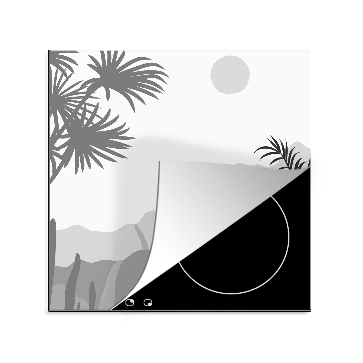 MuchoWow Herdblende-/Abdeckplatte Illustration - Tropisch - Schwarz - Weiß, Vinyl, (1 tlg), 78x78 cm, Ceranfeldabdeckung, Arbeitsplatte für küche