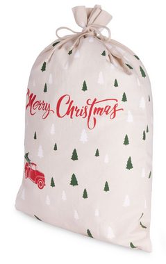 BRUBAKER Aufbewahrungstasche Weihnachtssack Merry Christmas - Tannenbaum Wald mit Auto Rot (Weihnachtsbaum, 1-tlg., 80 cm Geschenksack Weihnachten - Nikolaussack), Sack Baumwolle mit Kordel zum Verpacken von Geschenken