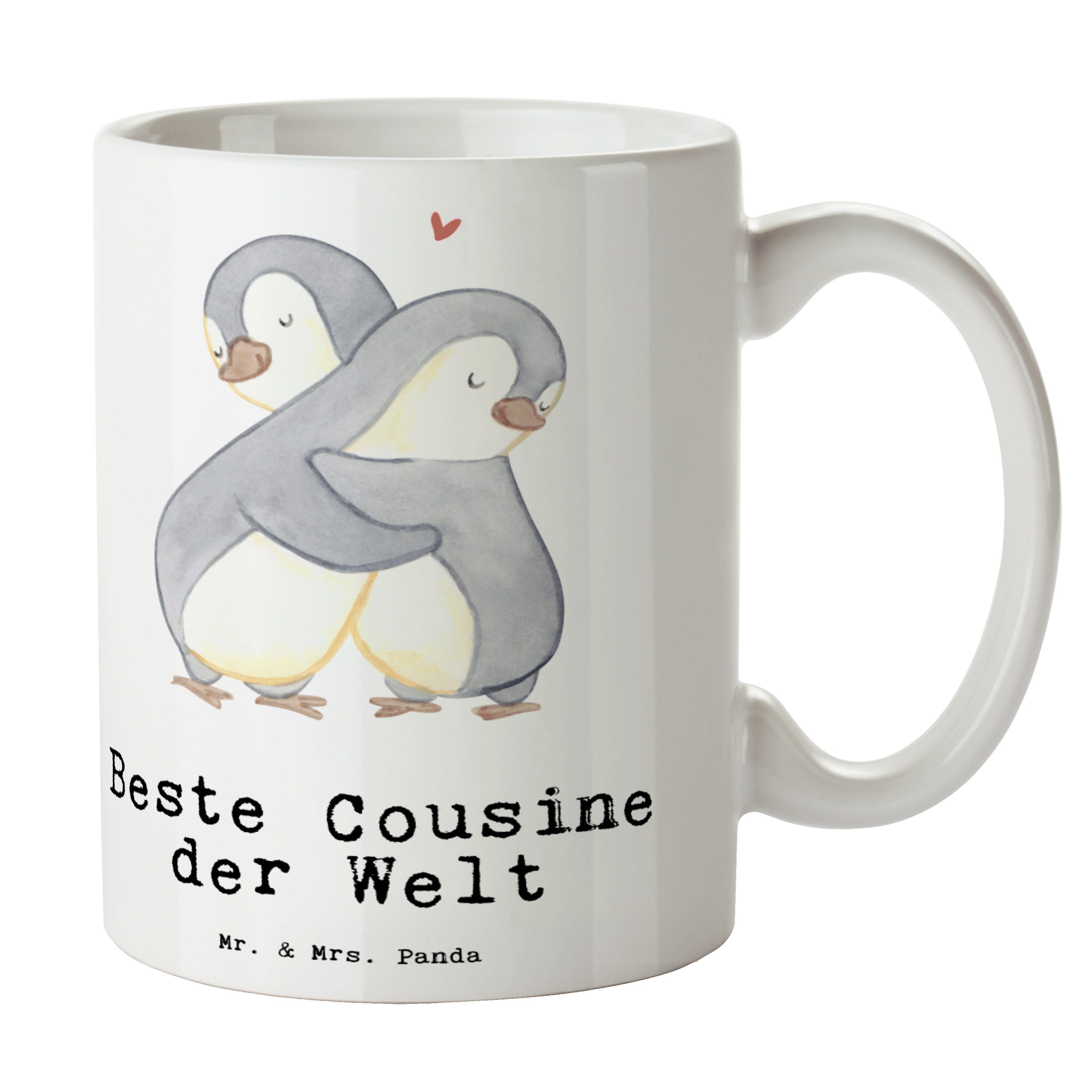 Mr. & Mrs. Panda Tasse Pinguin Beste Cousine der Welt - Weiß - Geschenk, Kousine, Geschenktipp, Becher, Tee, Tochter von Onkel, Kaffeebecher, Kaffeetasse, Büro, Schenken, Keramik