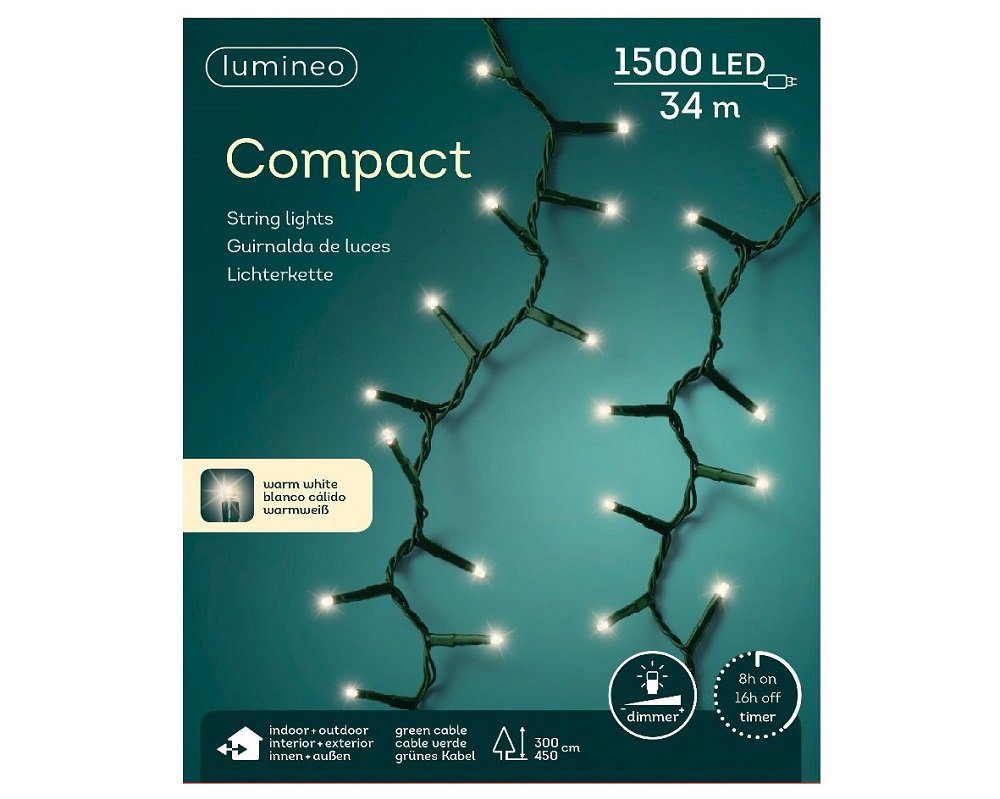 Lumineo LED-Lichterkette »Lichterkette Compact 1500 LED's 34 m warm weiß,  grünes Kabel«, Indoor & Outdoor, dimmbar, 8h-Timer, Weihnachten, Dekoration