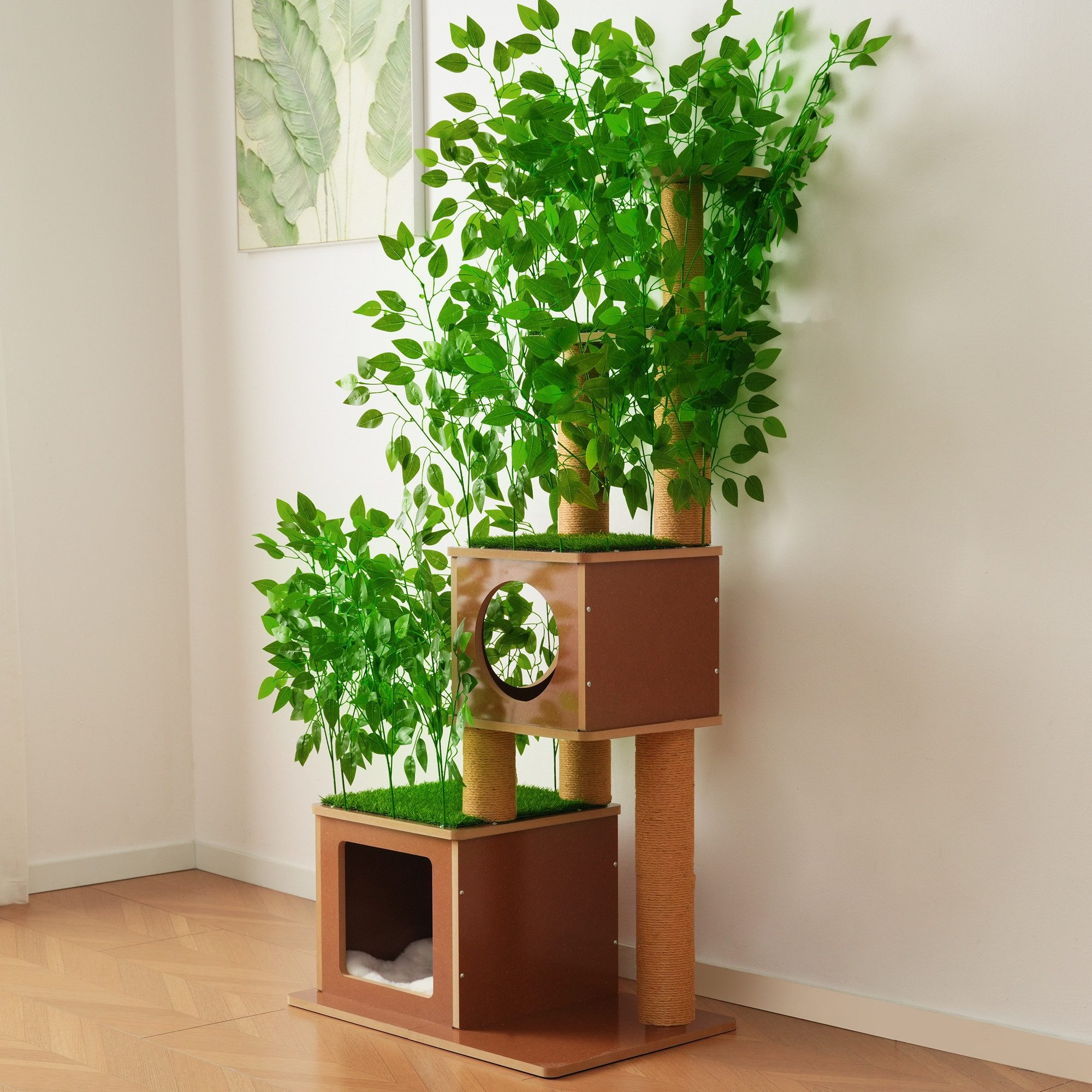 BlingBin Kratzbaum im Baumdesign mit abnehmbaren Kunstblättern, 2 Katzenhöhlen, & 2 Plattformen, Sisalsäulen mit weichen Kissen als Katzenmöbel