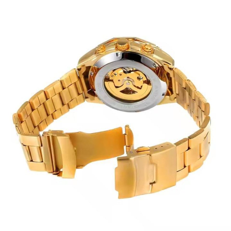 Rötting Design Automatikuhr Herrenuhr Armbanduhr Skelett goldfarbenes Ziffernblatt, Skelett Ziffernblatt – Bild 5 von 5